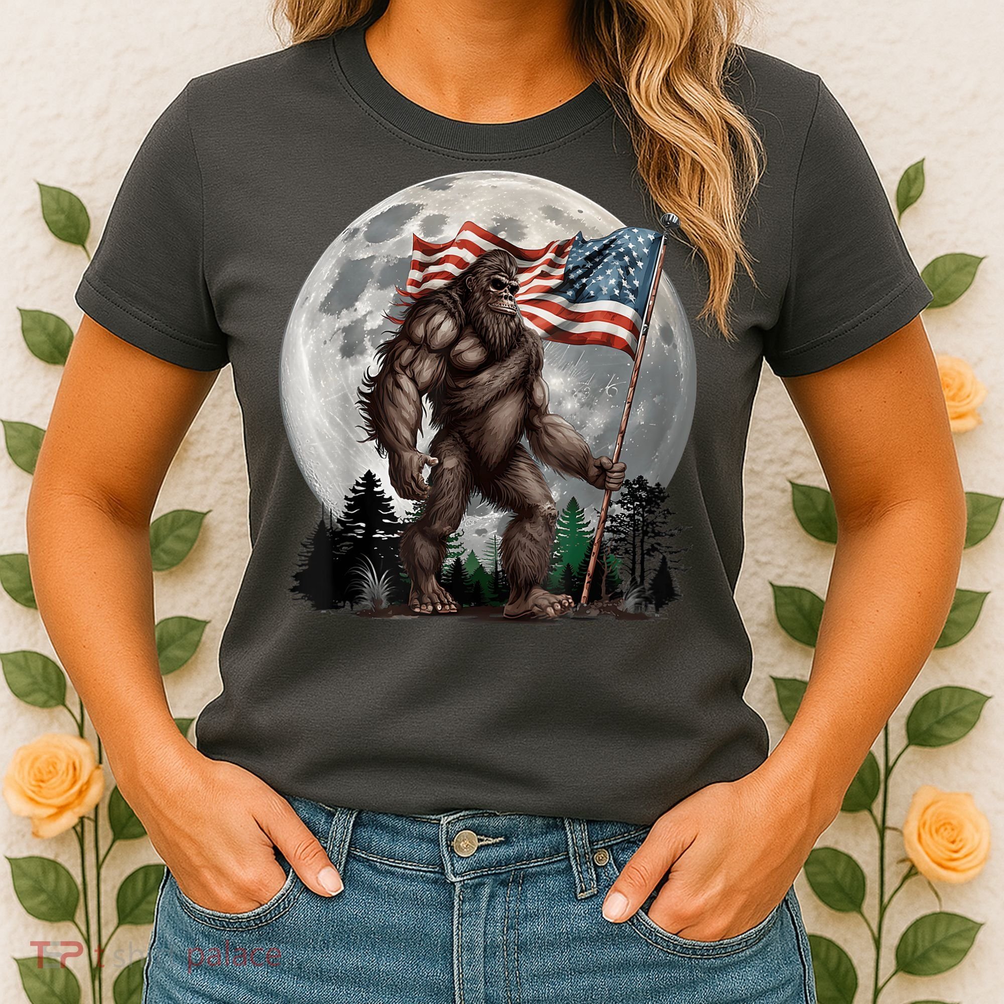 Bigfoot Sasquatch American Flag Full Moon Patriotics Women's T-Shirt