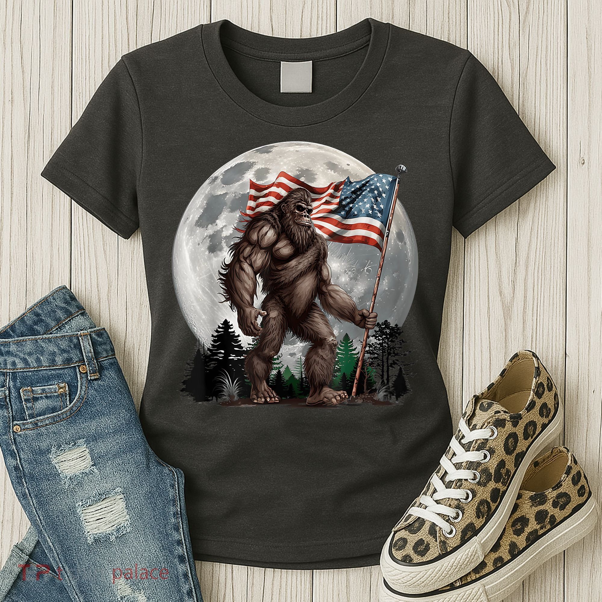 Bigfoot Sasquatch American Flag Full Moon Patriotics Women's T-Shirt