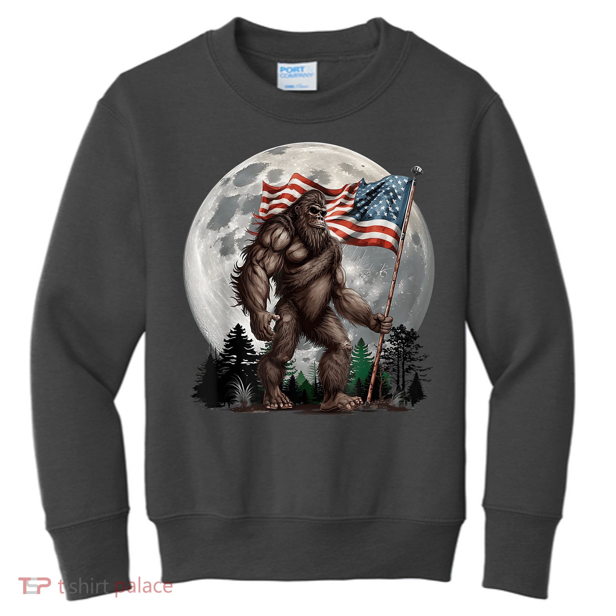 Bigfoot Sasquatch American Flag Full Moon Patriotics Kids Sweatshirt