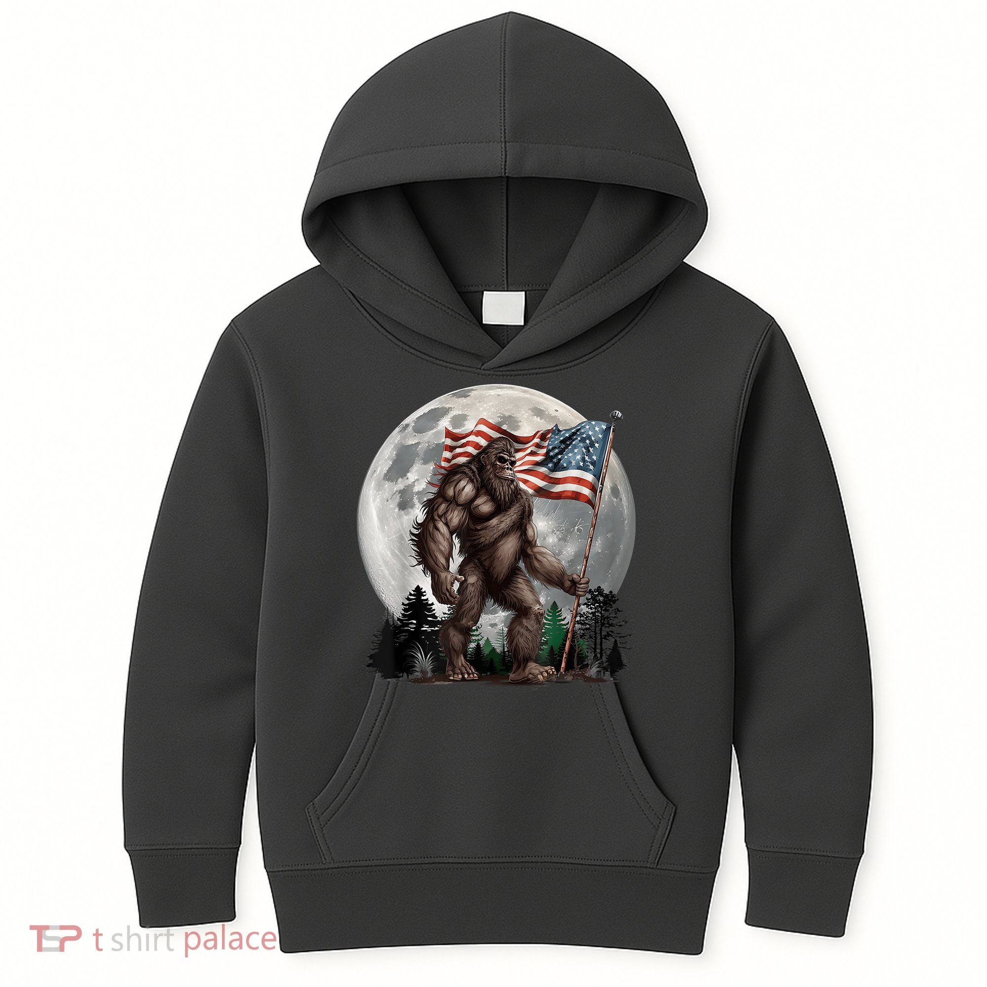 Bigfoot Sasquatch American Flag Full Moon Patriotics Kids Hoodie