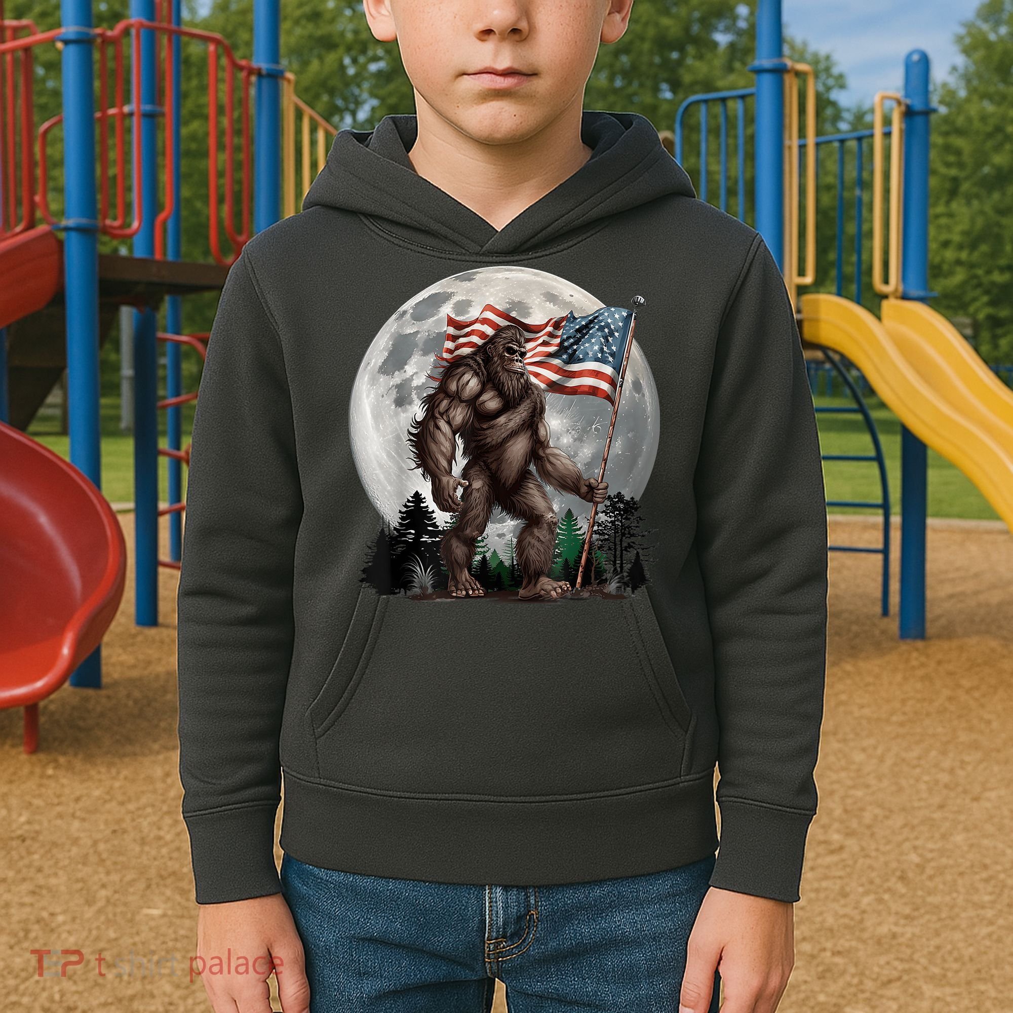 Bigfoot Sasquatch American Flag Full Moon Patriotics Kids Hoodie
