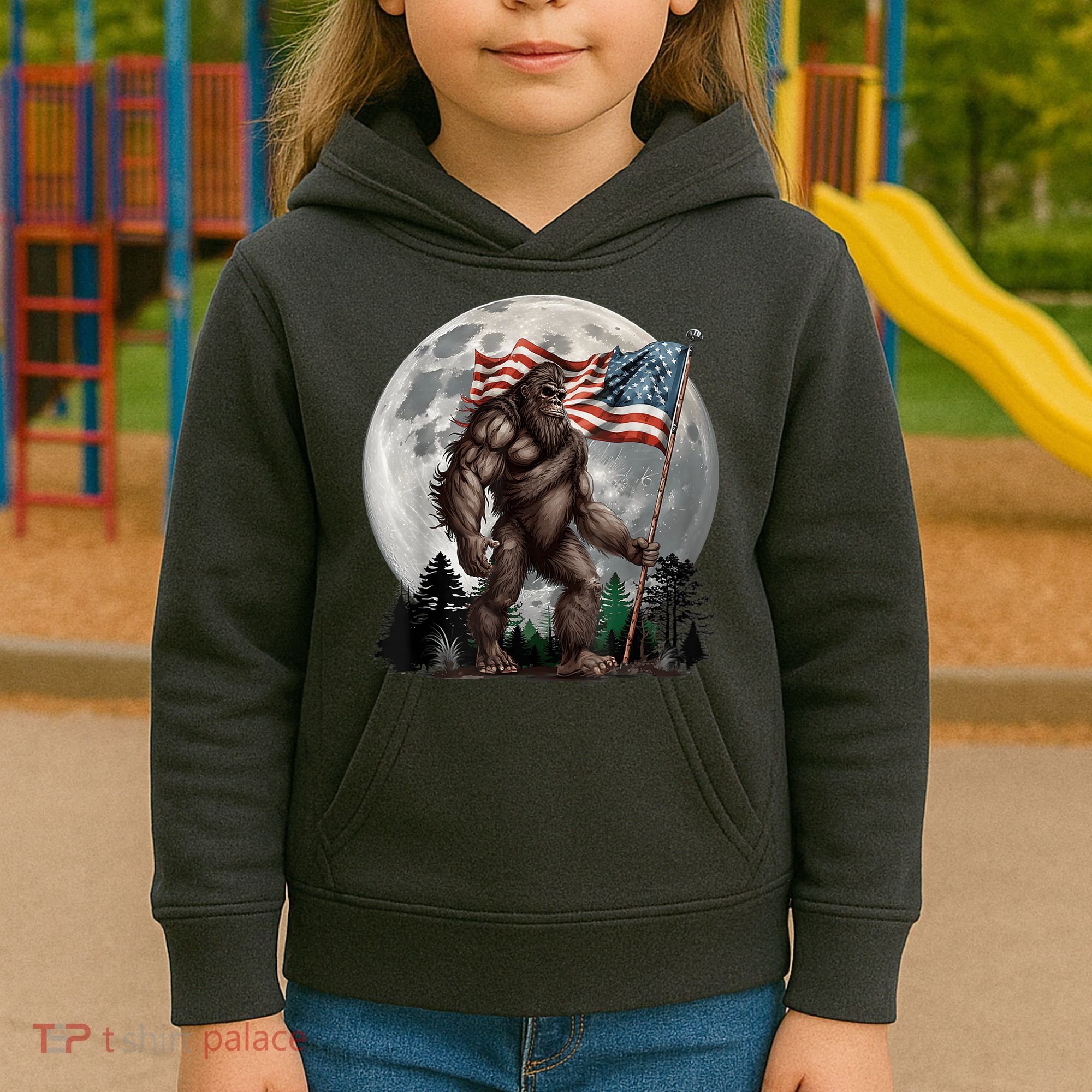 Bigfoot Sasquatch American Flag Full Moon Patriotics Kids Hoodie
