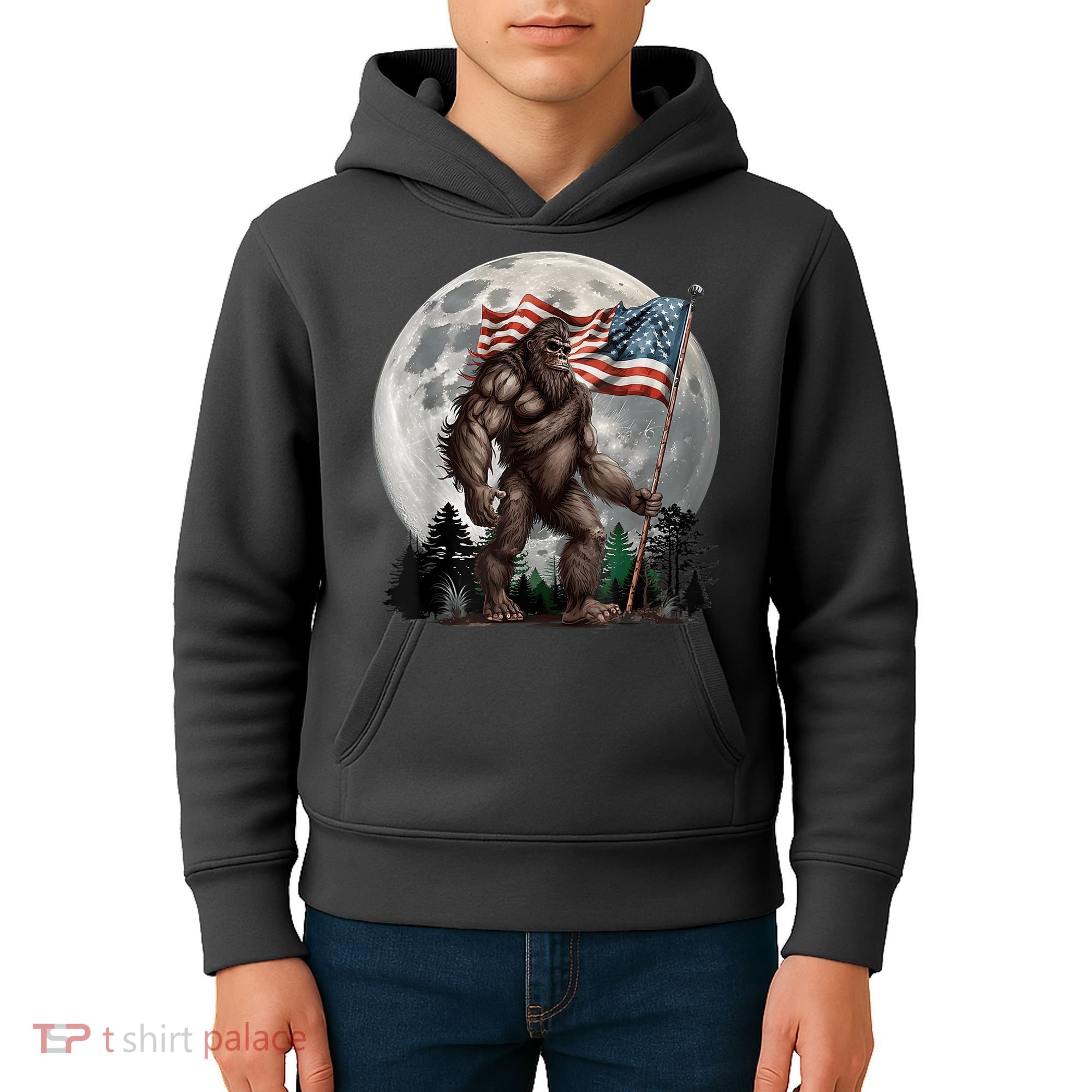 Bigfoot Sasquatch American Flag Full Moon Patriotics Kids Hoodie