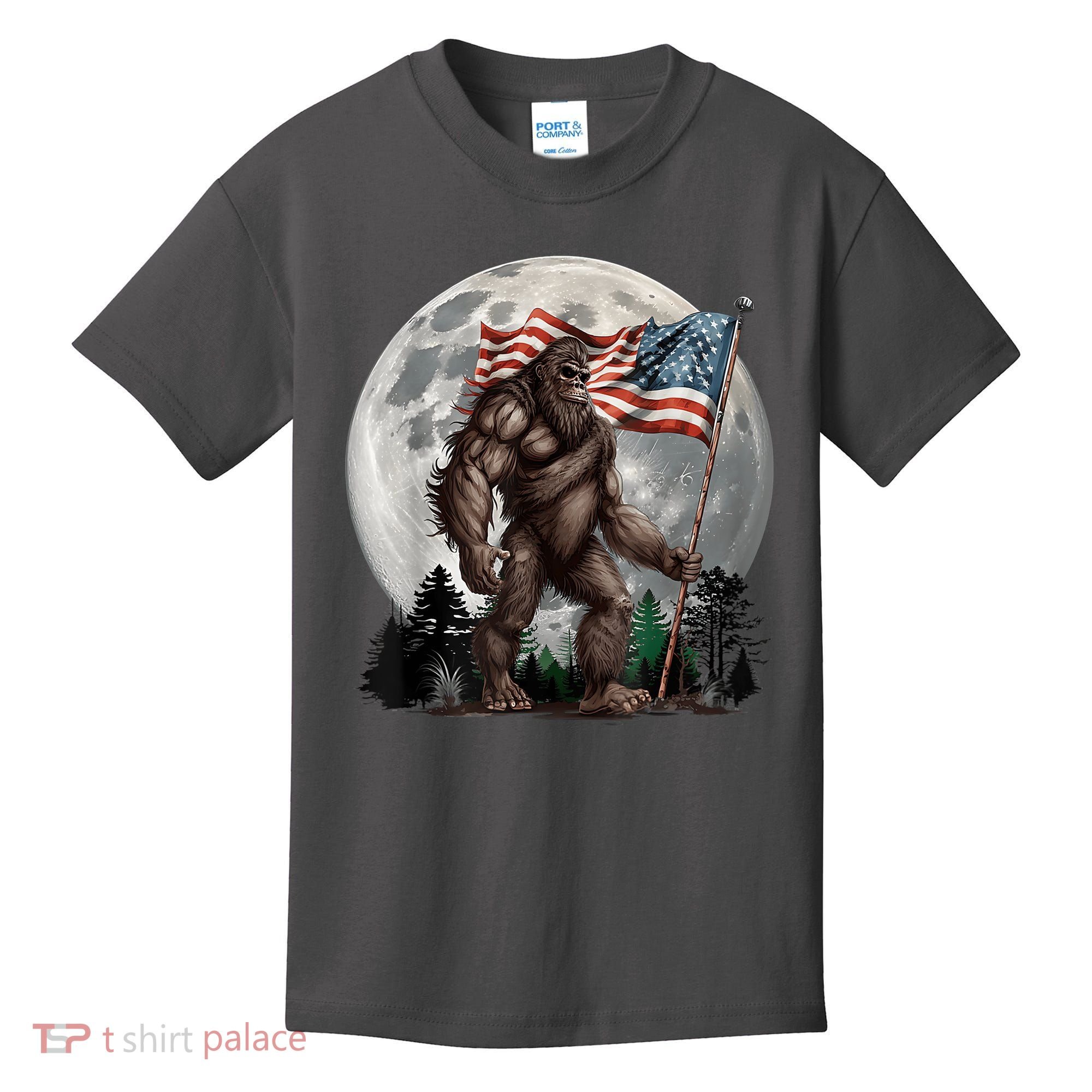 Bigfoot Sasquatch American Flag Full Moon Patriotics Kids T-Shirt
