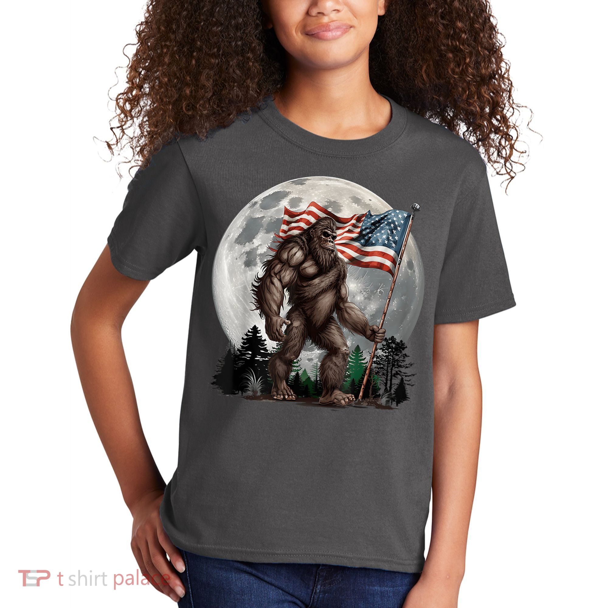 Bigfoot Sasquatch American Flag Full Moon Patriotics Kids T-Shirt