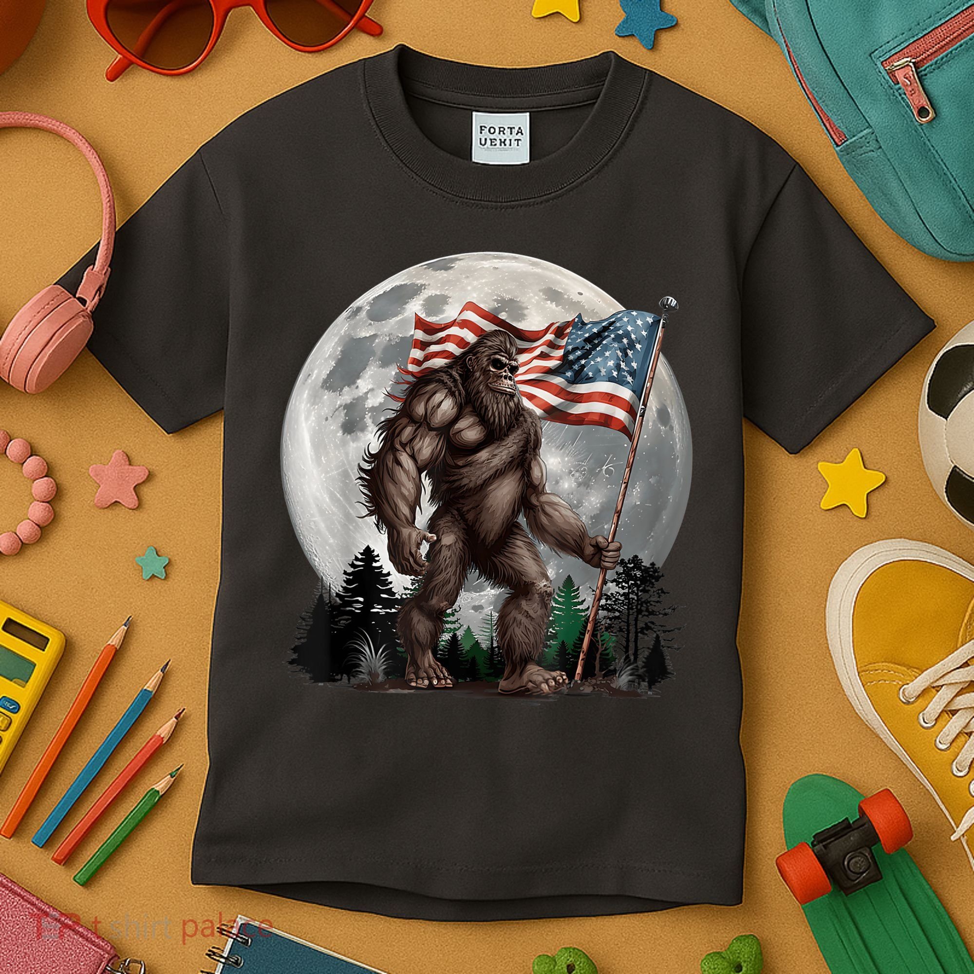 Bigfoot Sasquatch American Flag Full Moon Patriotics Kids T-Shirt