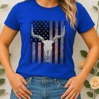 Bull Skull American Flag Cow Skull Western Graphic Wild West Great Gift Women's T-Shirt thumb 2