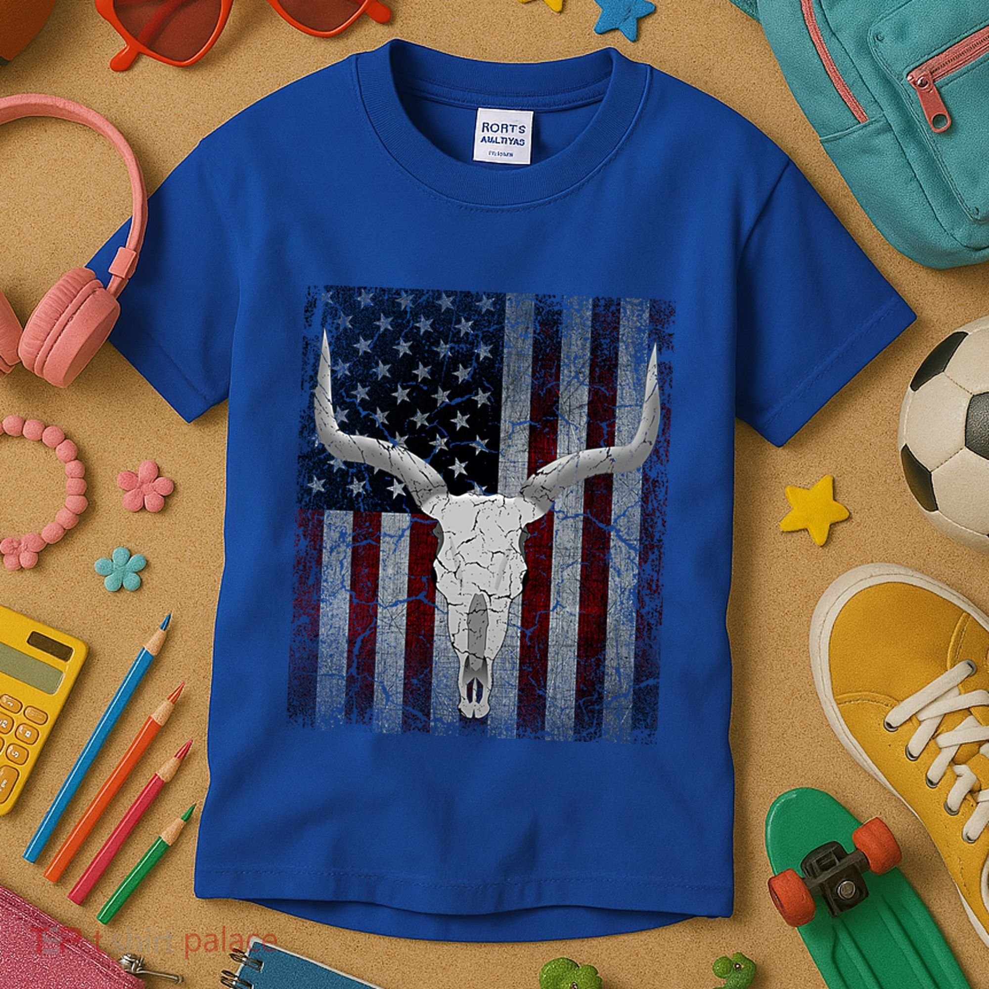 Bull Skull American Flag Cow Skull Western Graphic Wild West Great Gift Kids T-Shirt