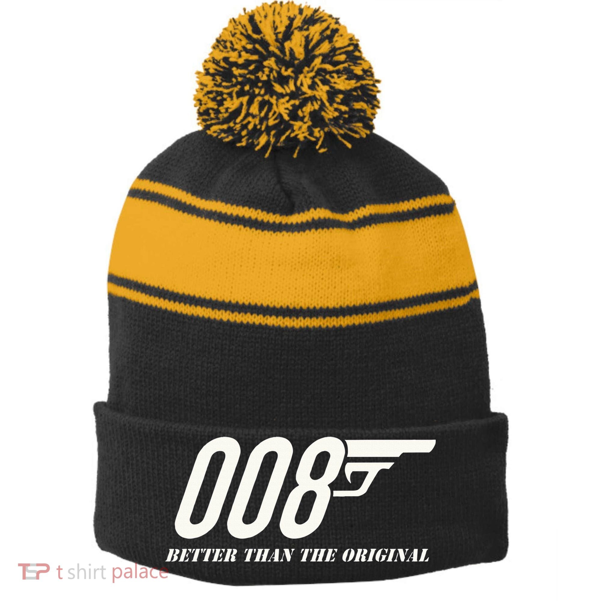 British Secret Agent 007 + 1 Better Than The Original Stripe Pom Pom Beanie