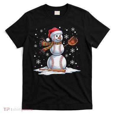 Baseball Snowman Baseball Player Santa Hat Christmas Funny T-Shirt
