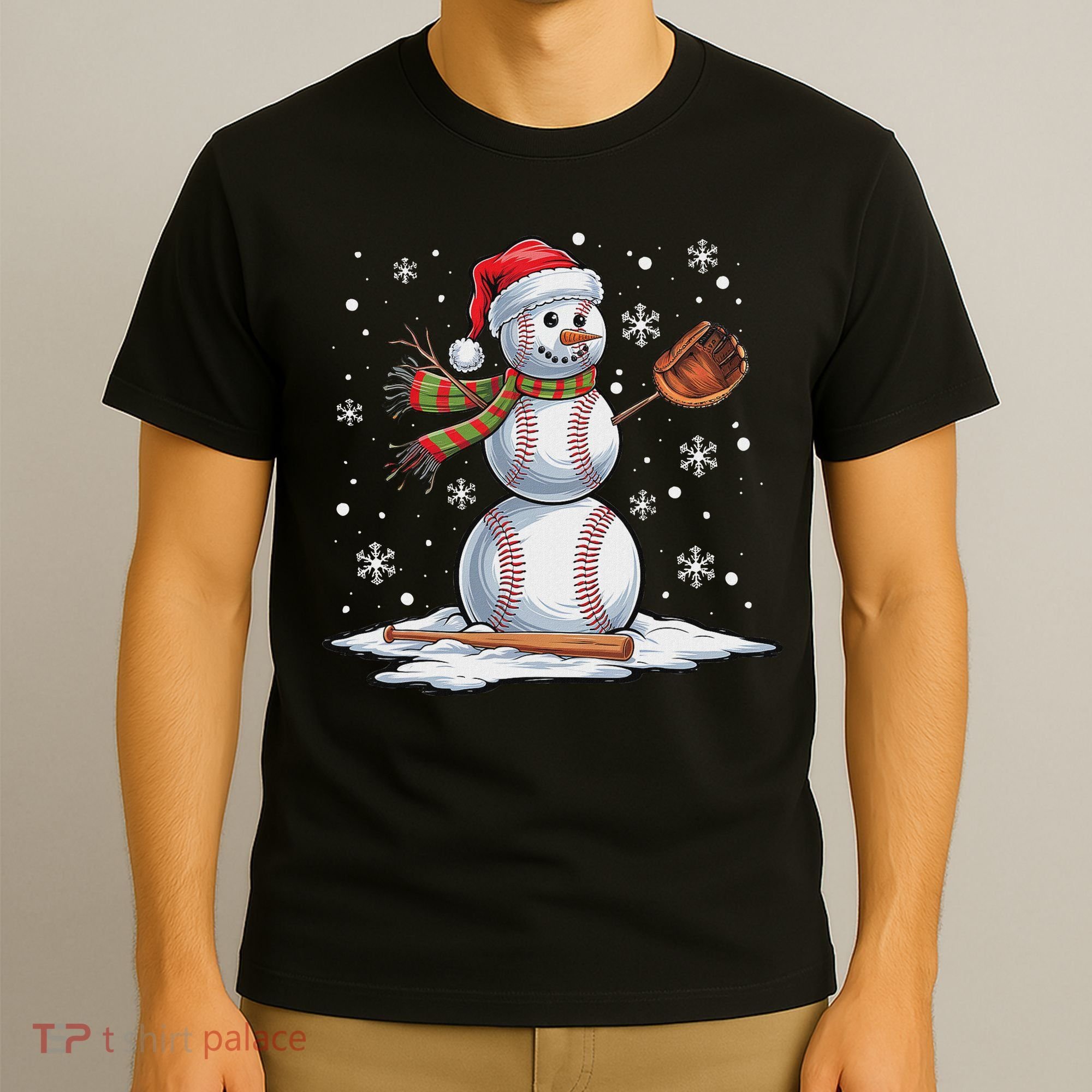 Baseball Snowman Baseball Player Santa Hat Christmas Funny T-Shirt