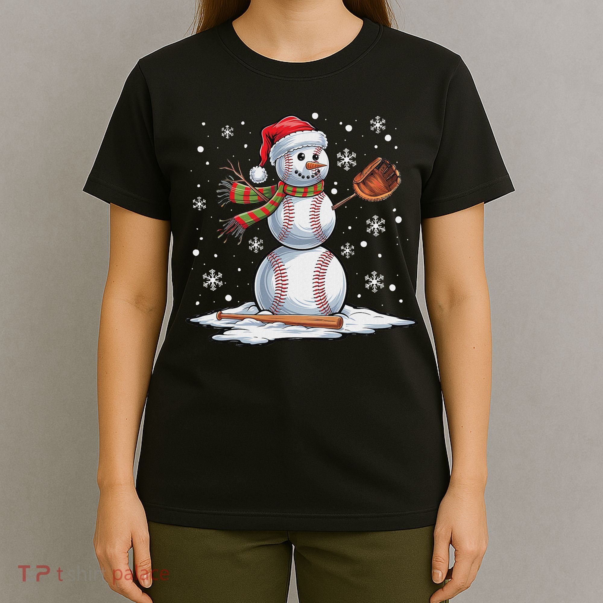 Baseball Snowman Baseball Player Santa Hat Christmas Funny T-Shirt