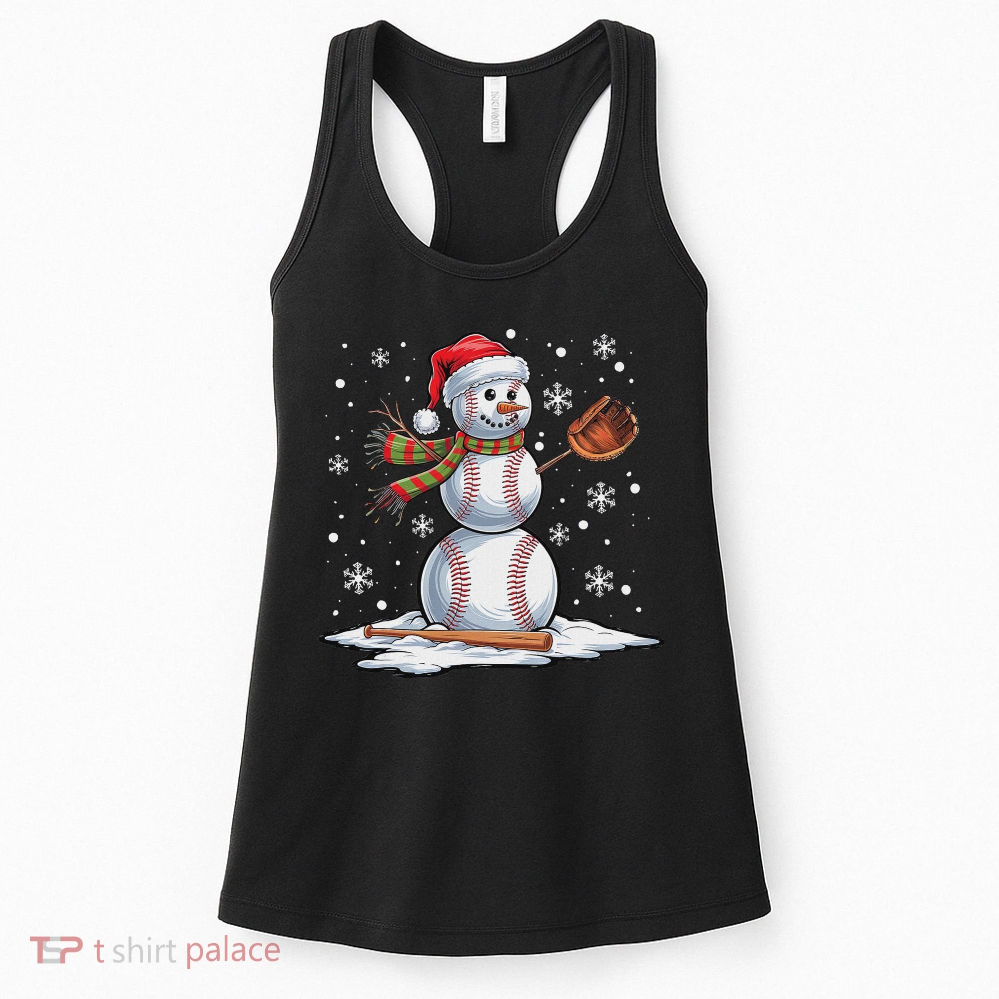 Baseball Snowman Baseball Player Santa Hat Christmas Funny Women's Tank Top
