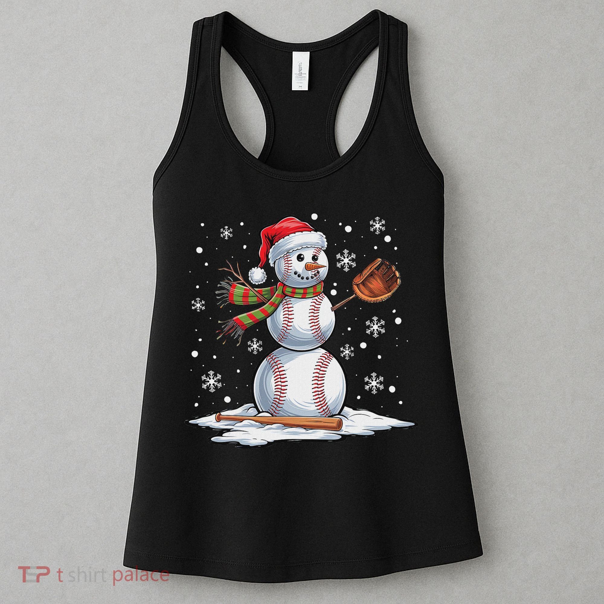 Baseball Snowman Baseball Player Santa Hat Christmas Funny Women's Tank Top