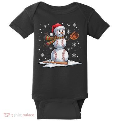 Baseball Snowman Baseball Player Santa Hat Christmas Funny Baby Bodysuit
