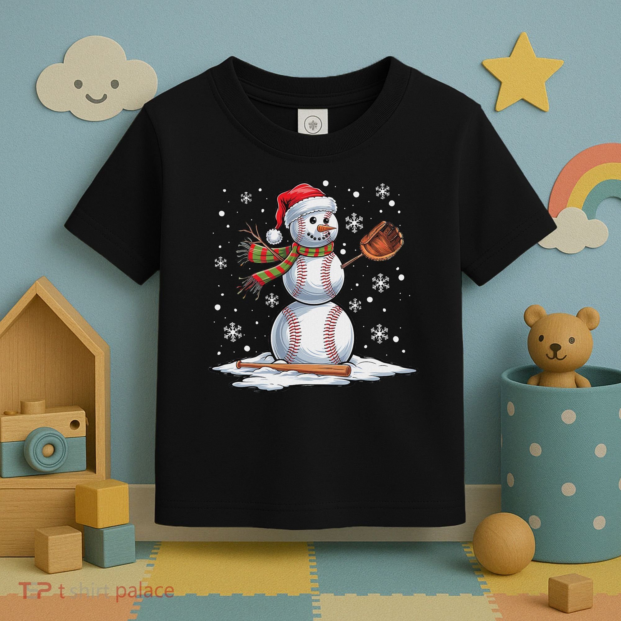 Baseball Snowman Baseball Player Santa Hat Christmas Funny Toddler T-Shirt