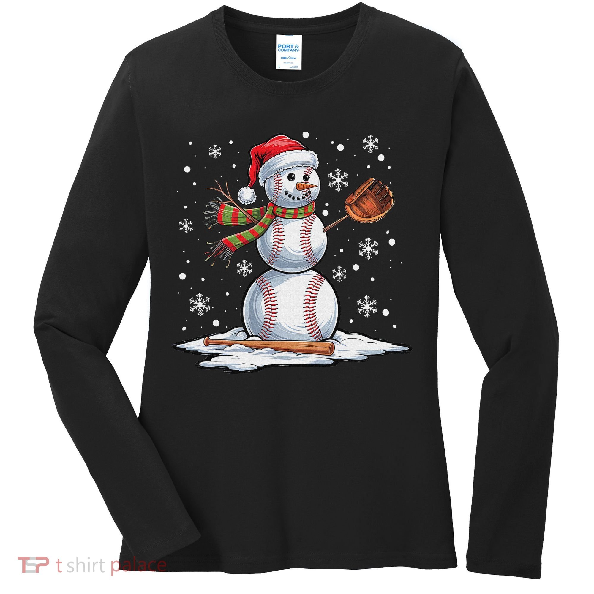 Baseball Snowman Baseball Player Santa Hat Christmas Funny Women's Long Sleeve Shirt