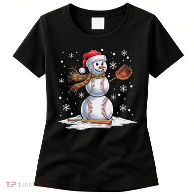 Baseball Snowman Baseball Player Santa Hat Christmas Funny Women's T-Shirt