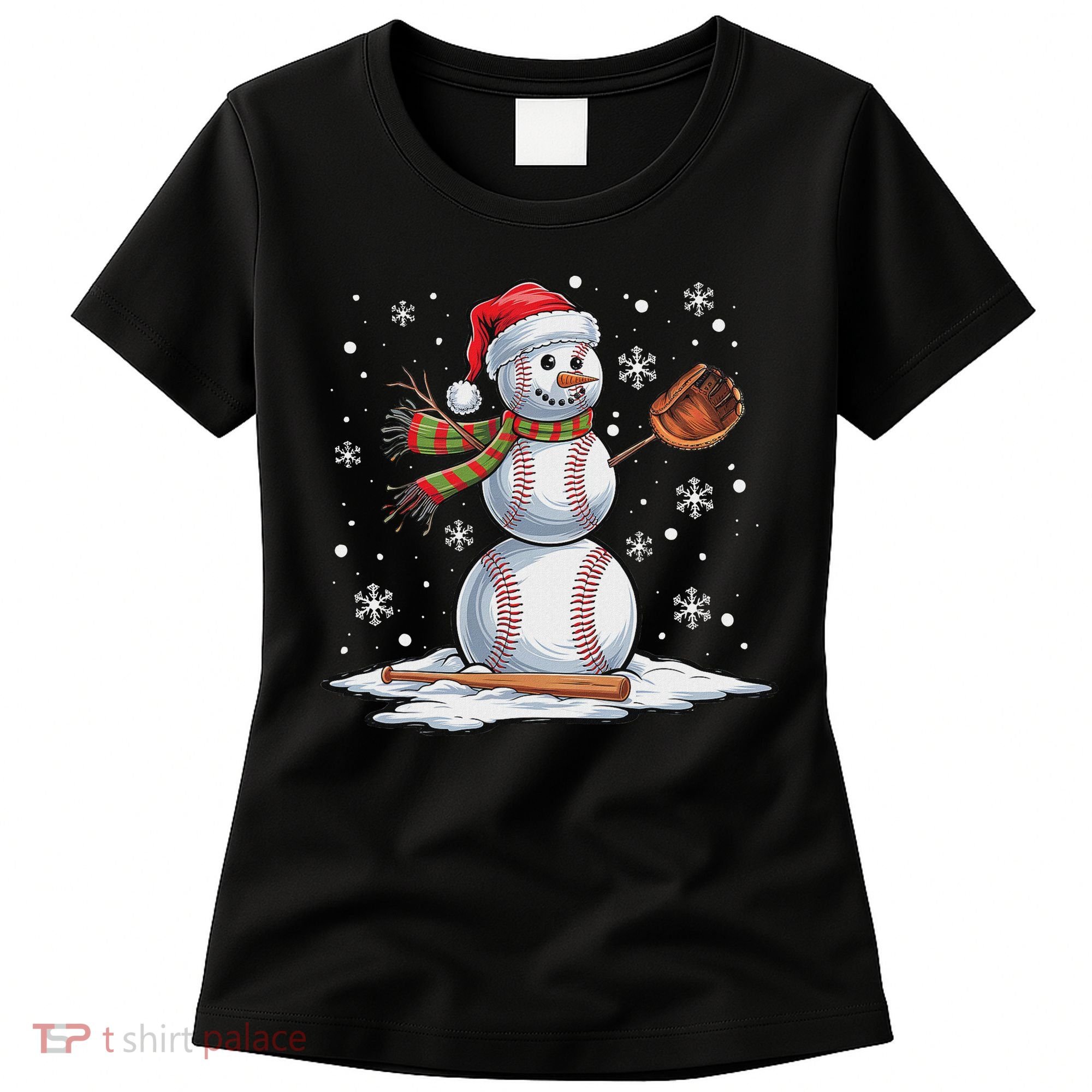 Baseball Snowman Baseball Player Santa Hat Christmas Funny Women's T-Shirt