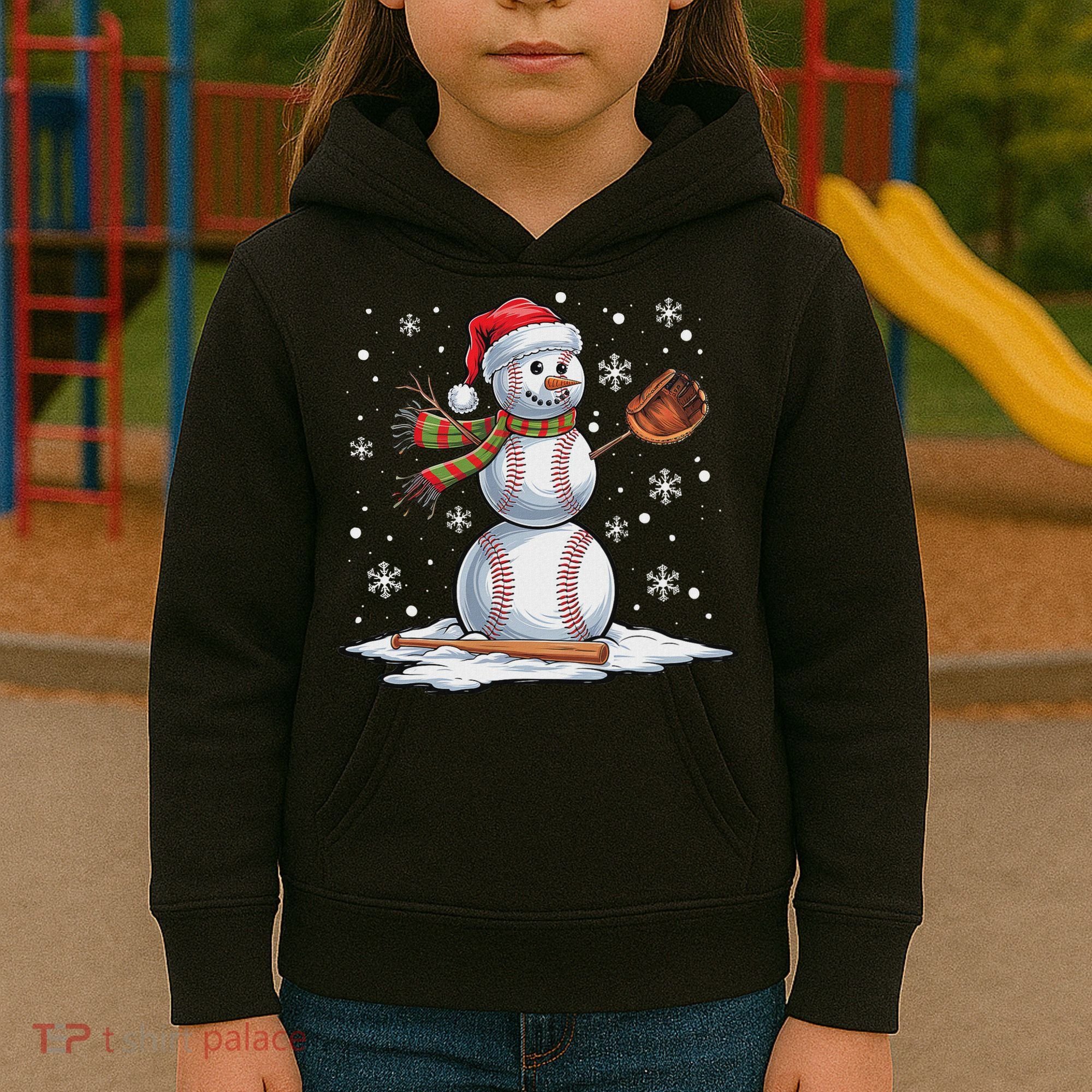 Baseball Snowman Baseball Player Santa Hat Christmas Funny Kids Hoodie