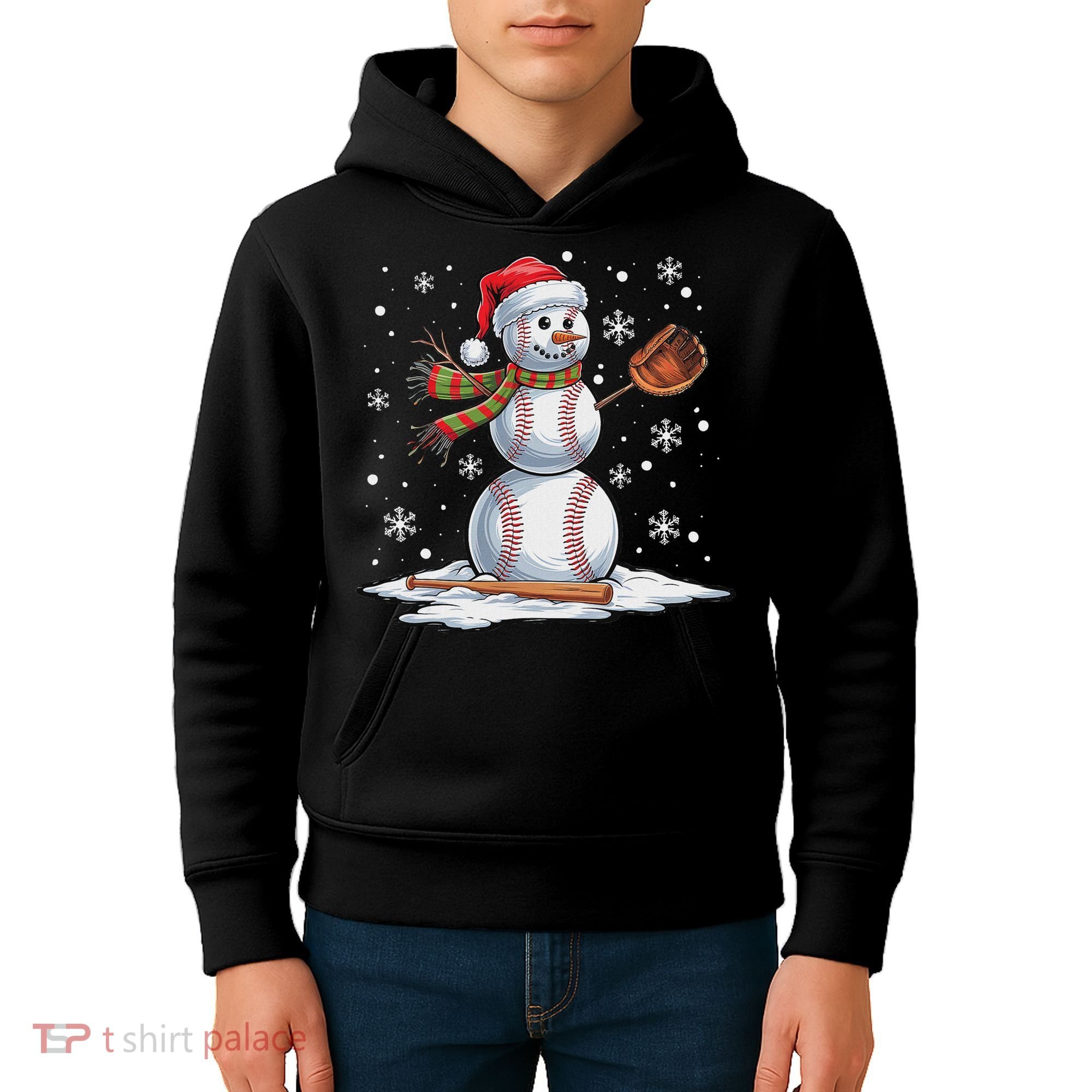 Baseball Snowman Baseball Player Santa Hat Christmas Funny Kids Hoodie