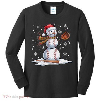 Baseball Snowman Baseball Player Santa Hat Christmas Funny Kids Long Sleeve Shirt