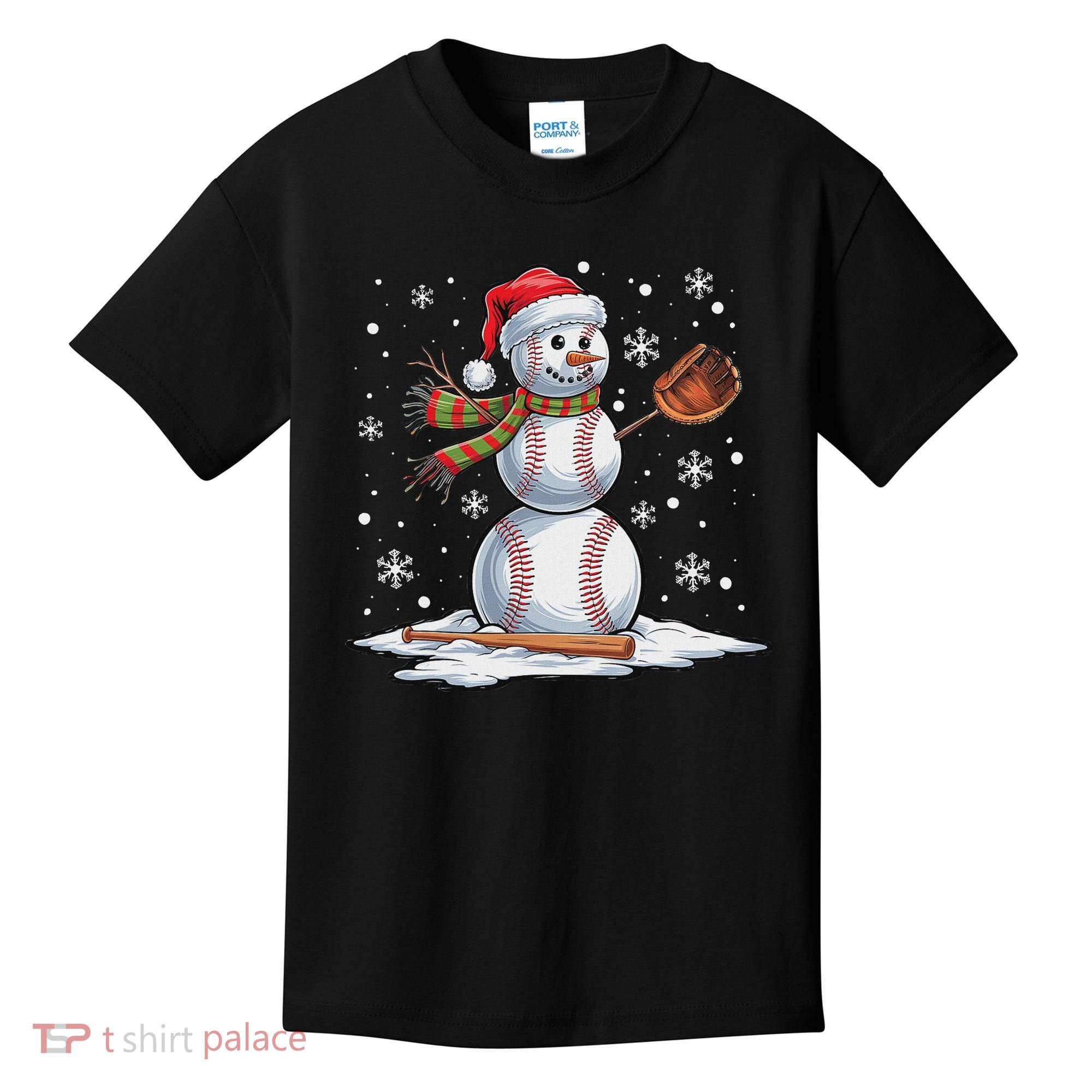 Baseball Snowman Baseball Player Santa Hat Christmas Funny Kids T-Shirt