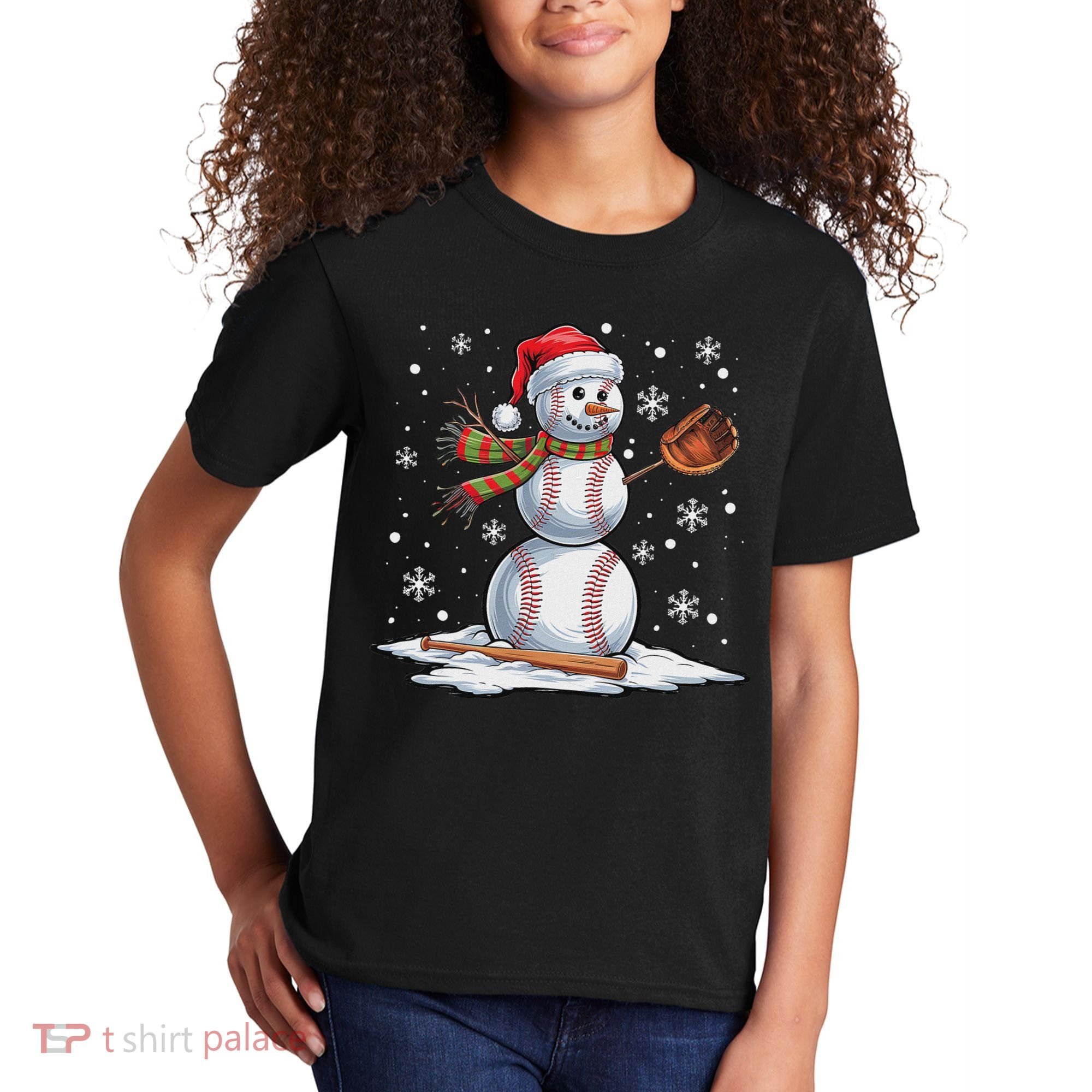 Baseball Snowman Baseball Player Santa Hat Christmas Funny Kids T-Shirt