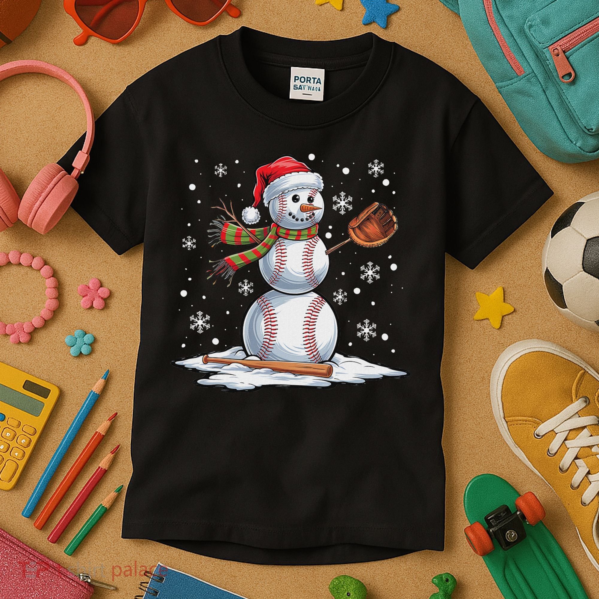 Baseball Snowman Baseball Player Santa Hat Christmas Funny Kids T-Shirt