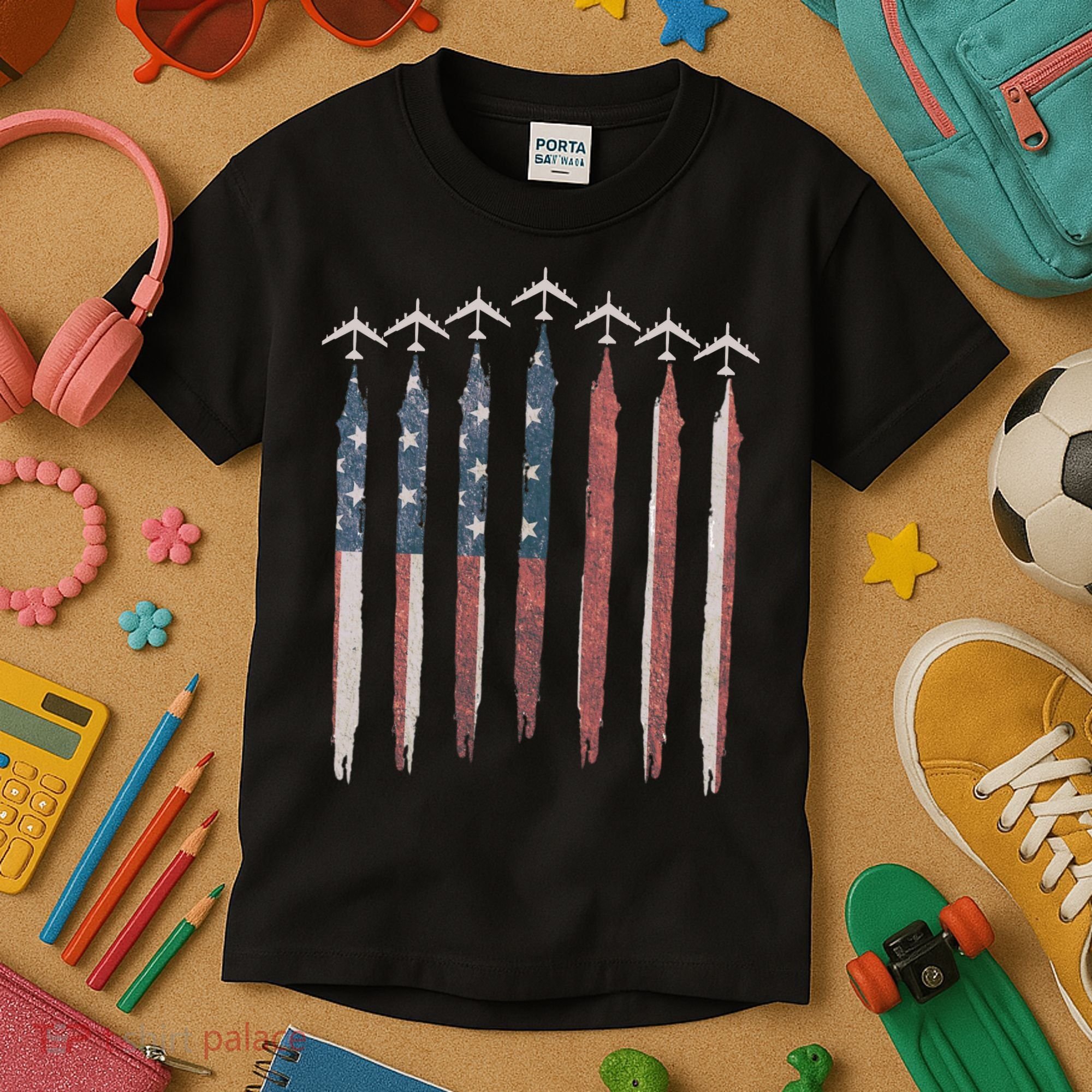 B-52 Stratofortress Bomber Airplane USA Patriotic Flag Kids T-Shirt