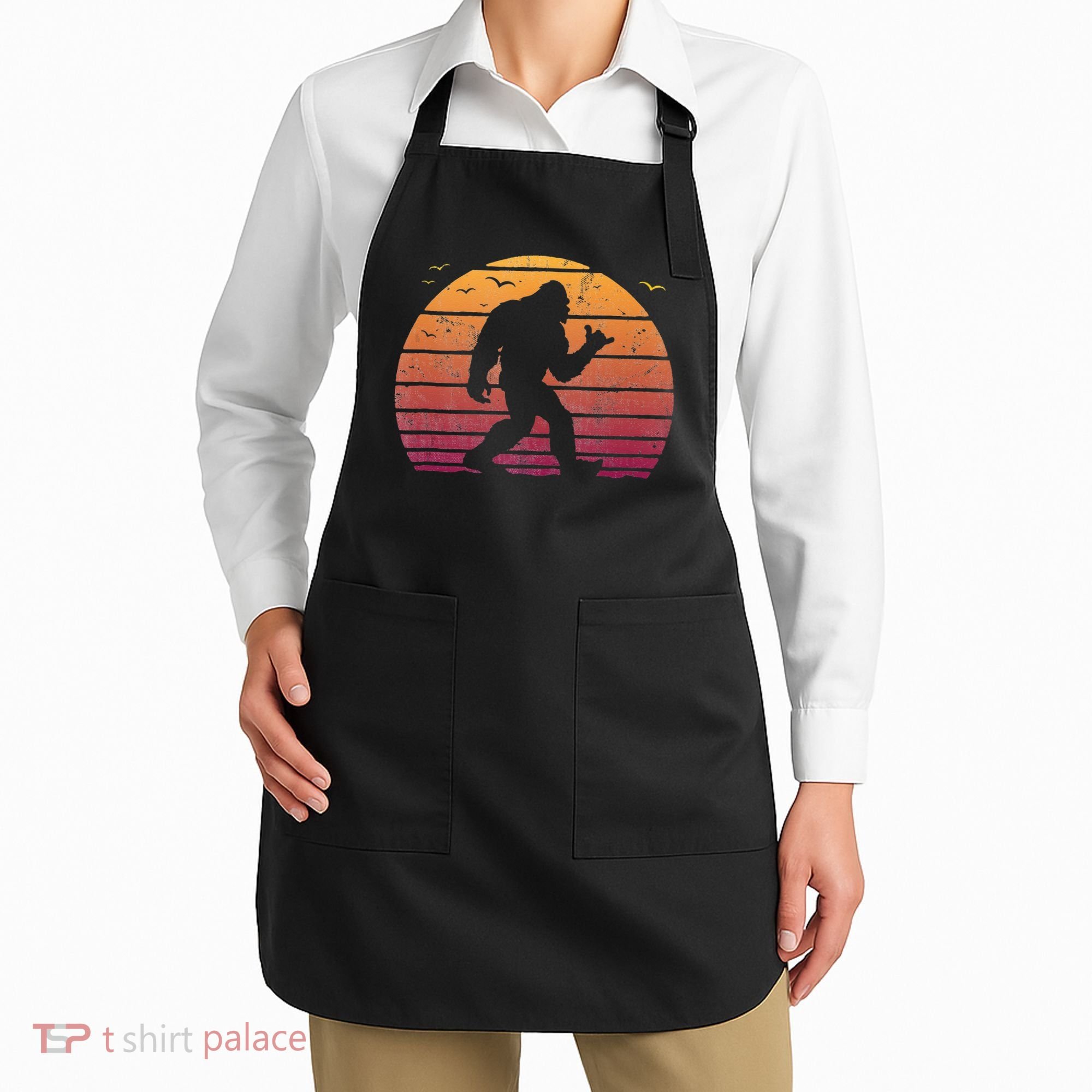 Bigfoot Surfing Beach Vacation Retro Surfboard Surf Shaka Apron