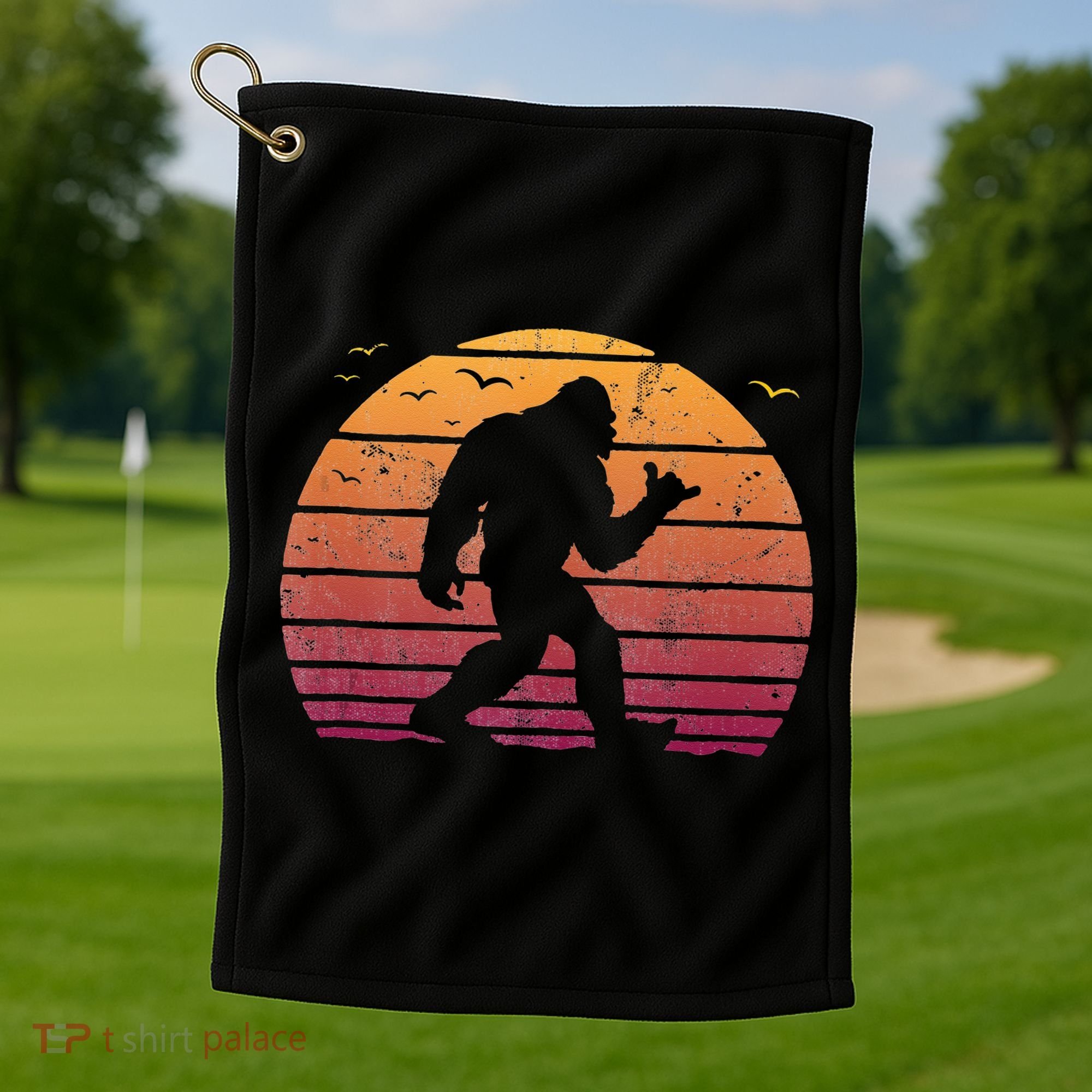 Bigfoot Surfing Beach Vacation Retro Surfboard Surf Shaka Golf Towel