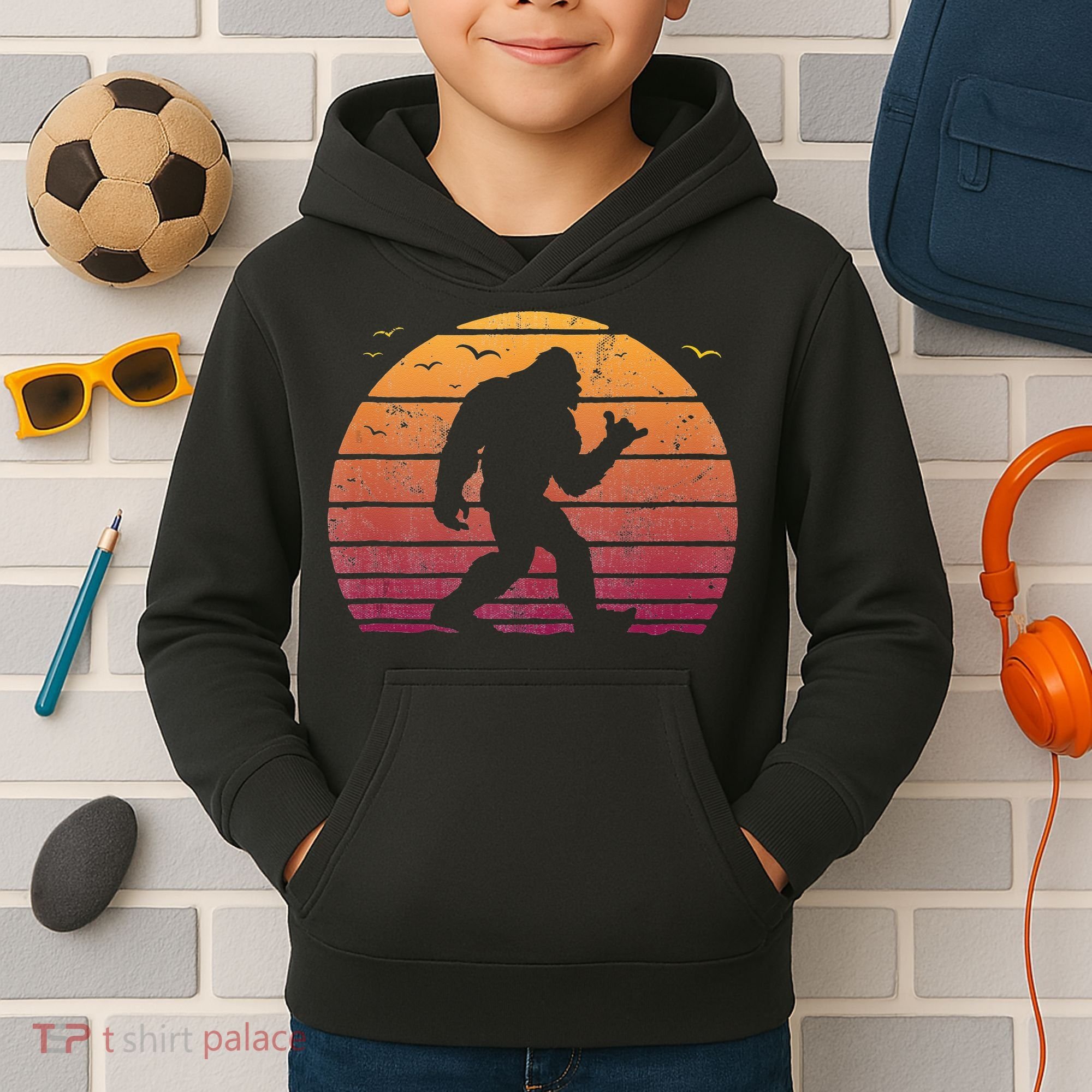 Bigfoot Surfing Beach Vacation Retro Surfboard Surf Shaka Kids Hoodie