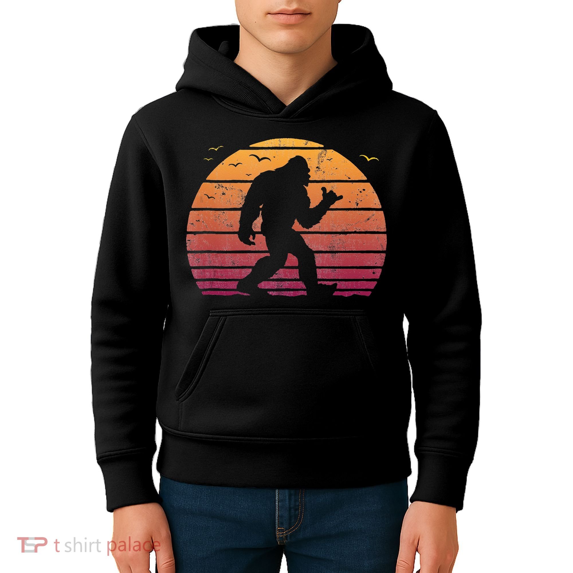 Bigfoot Surfing Beach Vacation Retro Surfboard Surf Shaka Kids Hoodie