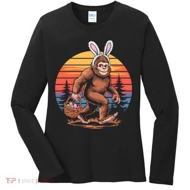 Bigfoot Sasquatch Bunny Easter Eggs Retro  Women's Long Sleeve Shirt