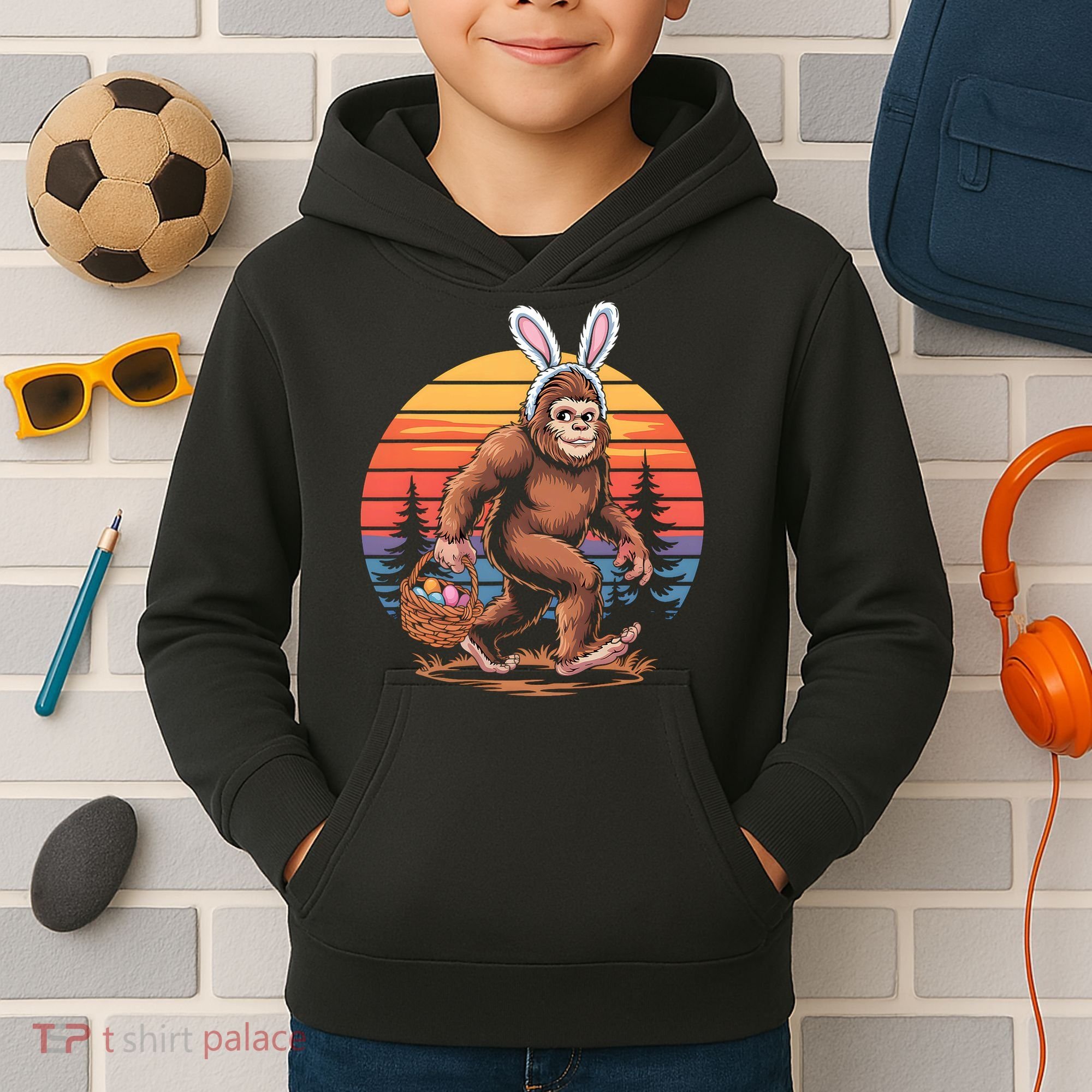 Bigfoot Sasquatch Bunny Easter Eggs Retro  Kids Hoodie