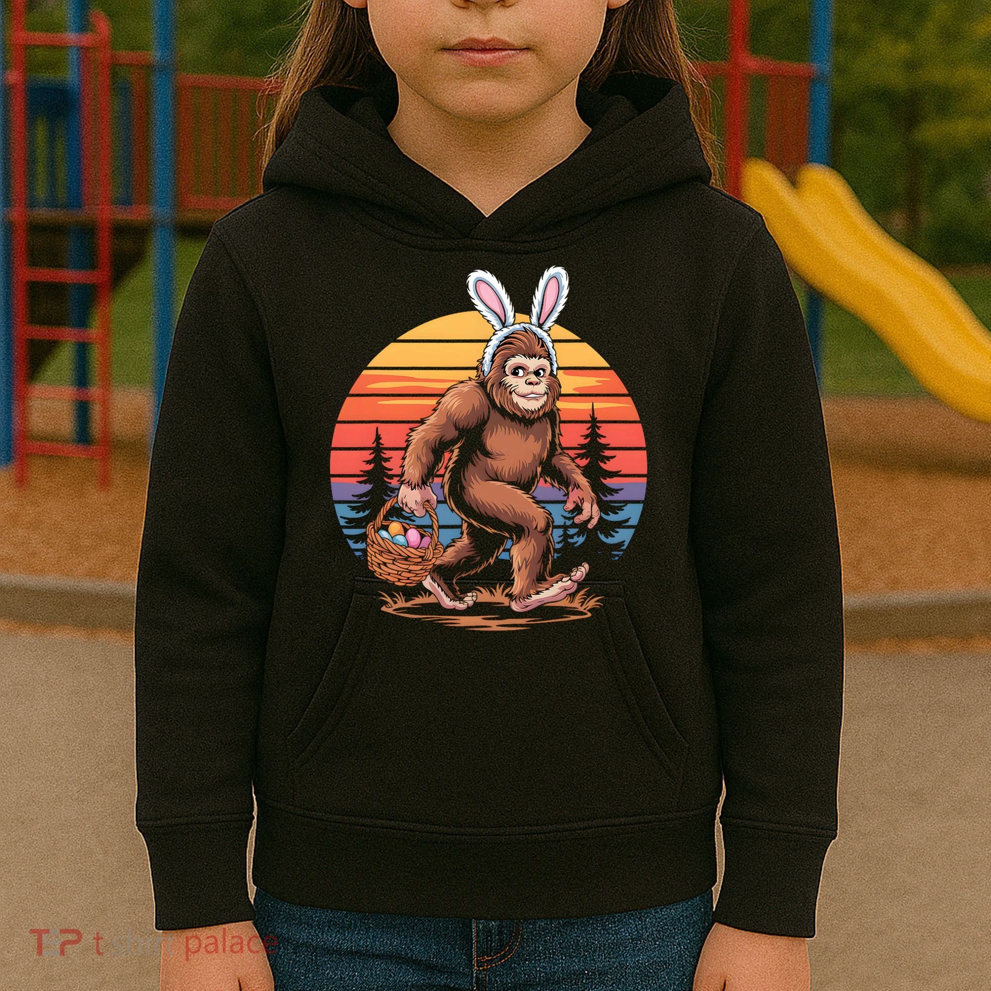 Bigfoot Sasquatch Bunny Easter Eggs Retro  Kids Hoodie