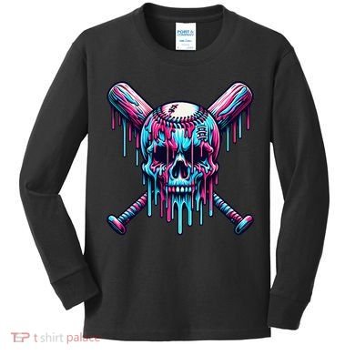 Baseball Skull  Baseball  Baseball Ice Cream  Gift Kids Long Sleeve Shirt
