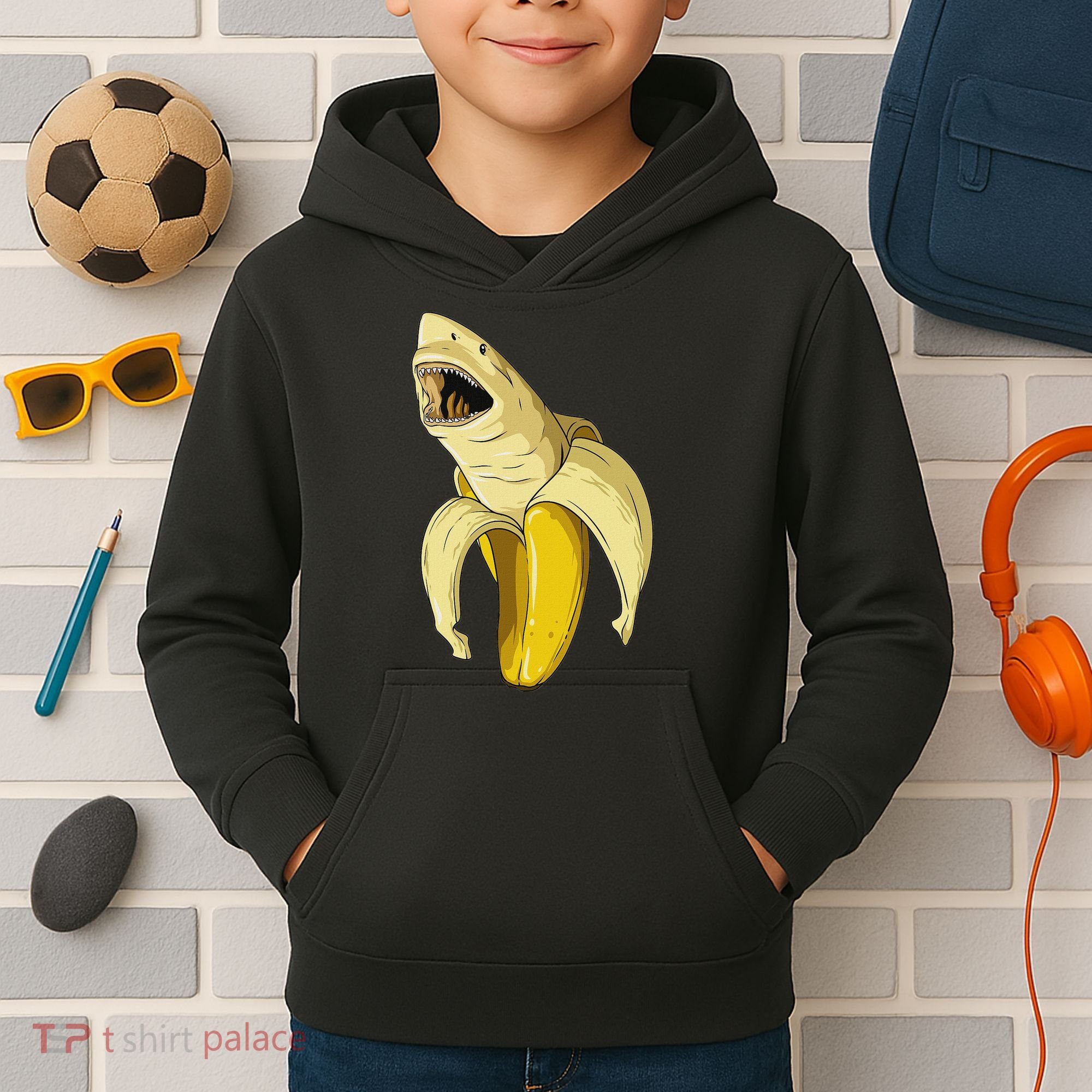 Banana Shark Banana Themed Party Shark Themed Party Kids Hoodie
