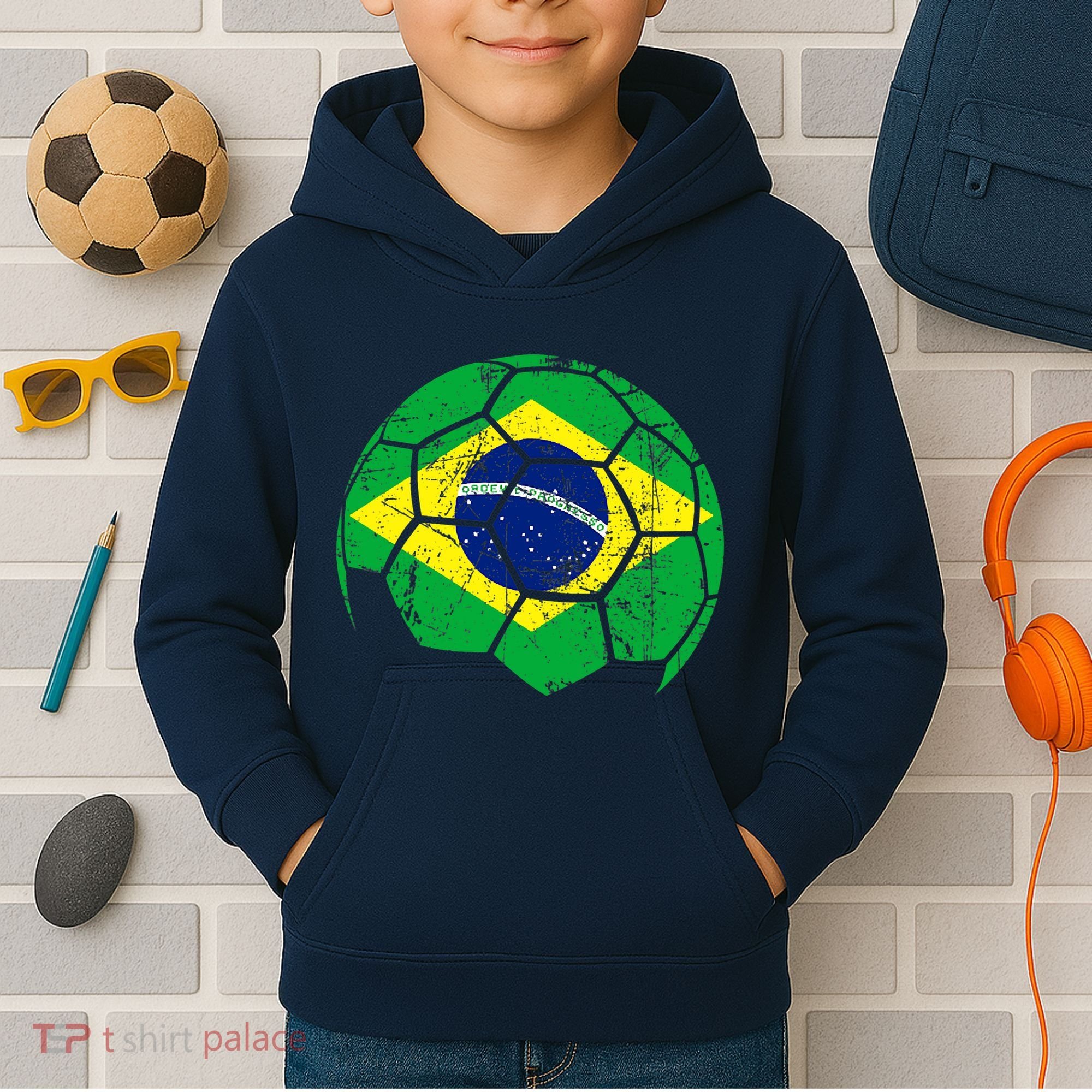 Brazil Soccer Ball Flag Jersey Kids Hoodie