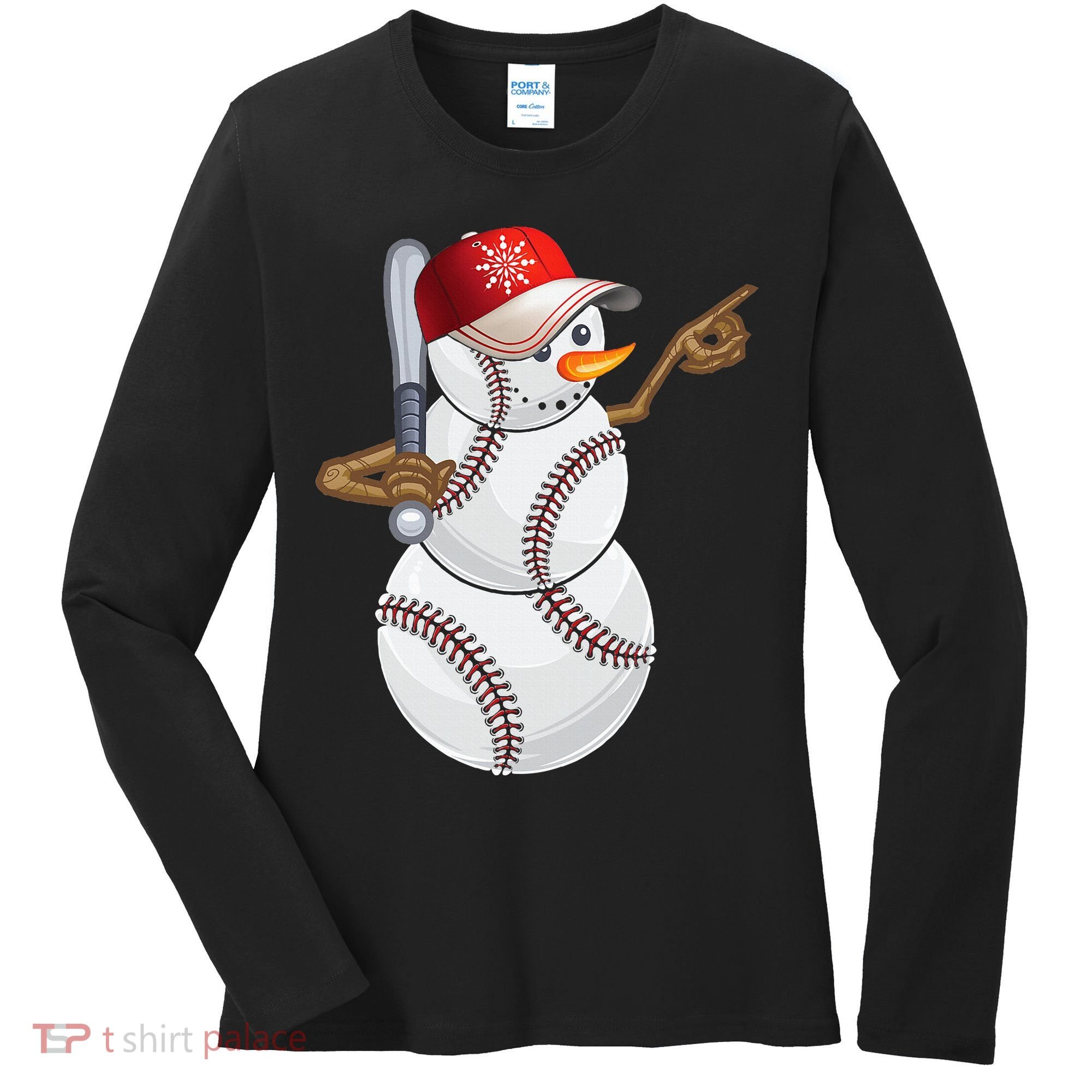 Baseball Snowman Balls Baseball Hat Snow Christmas Women's Long Sleeve Shirt