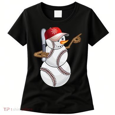 Baseball Snowman Balls Baseball Hat Snow Christmas Women's T-Shirt
