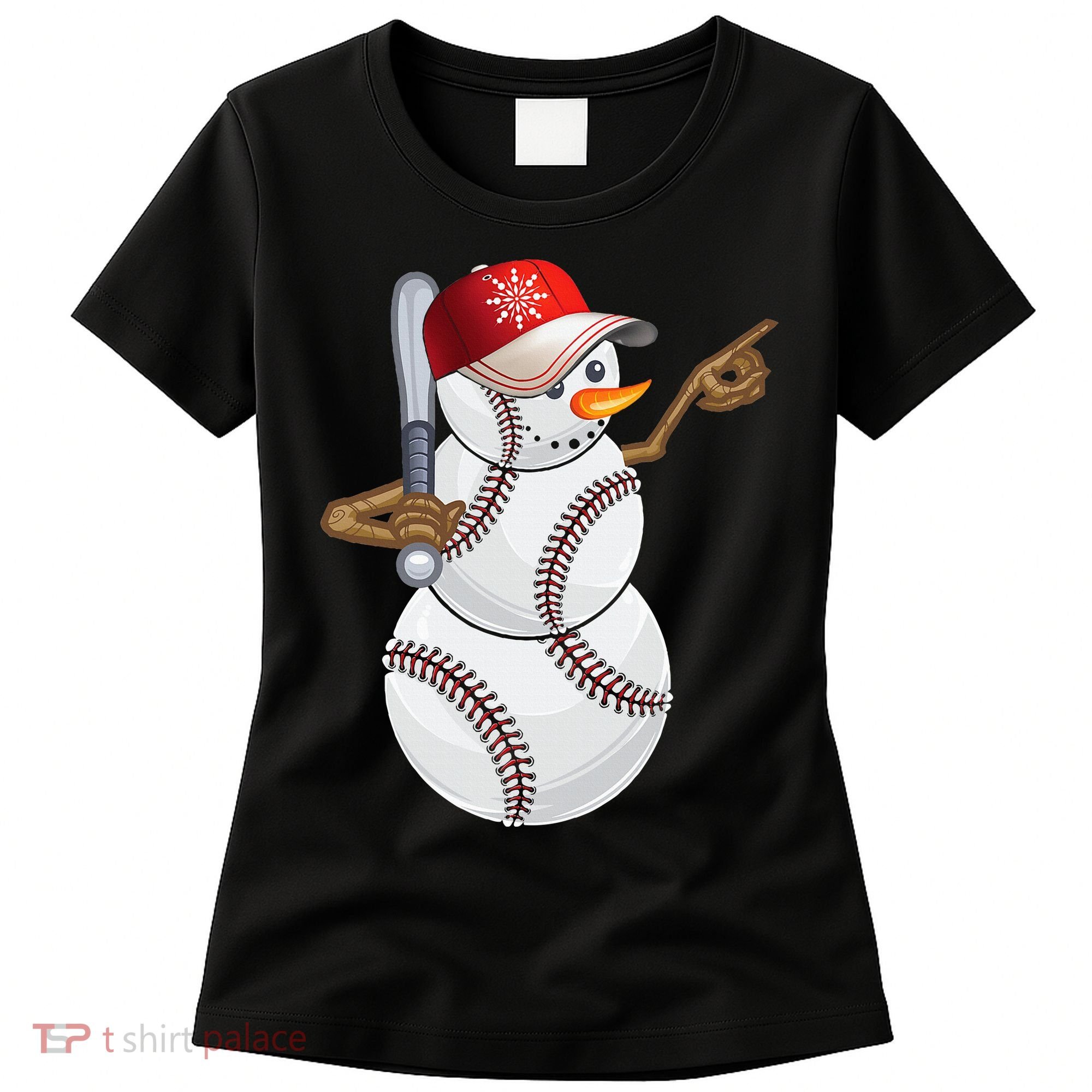 Baseball Snowman Balls Baseball Hat Snow Christmas Women's T-Shirt