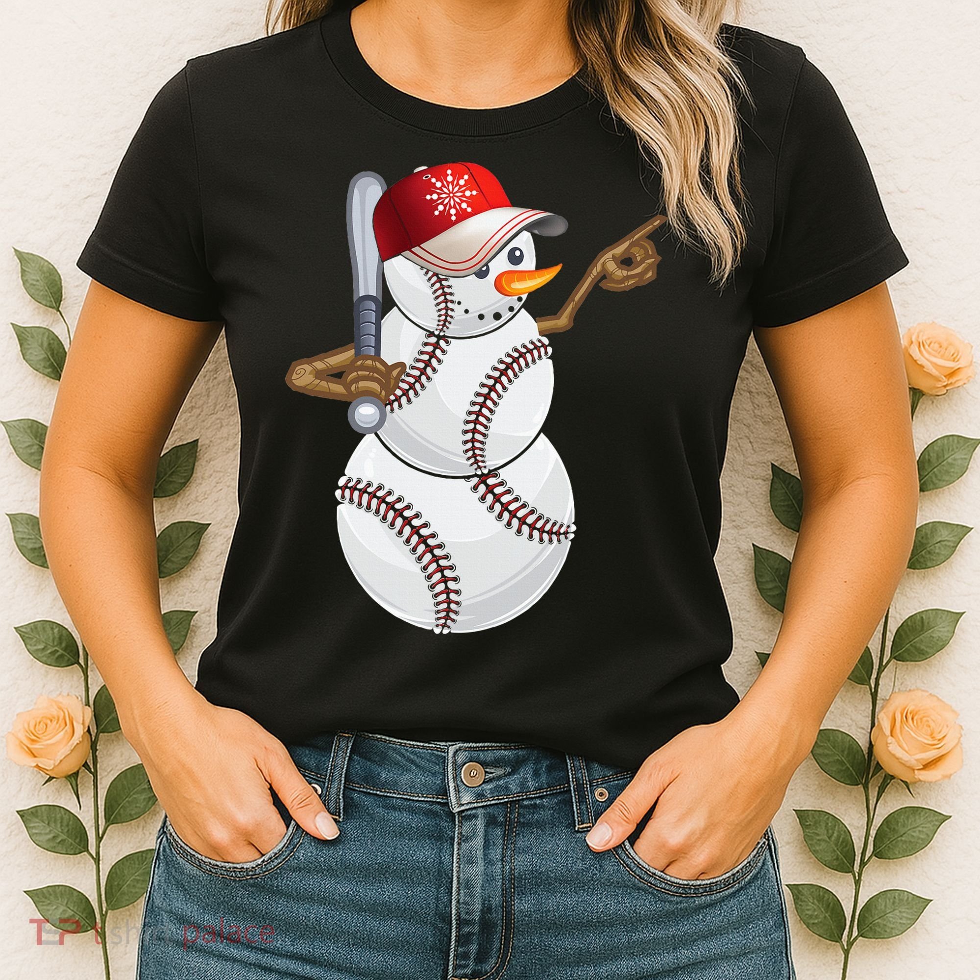 Baseball Snowman Balls Baseball Hat Snow Christmas Women's T-Shirt