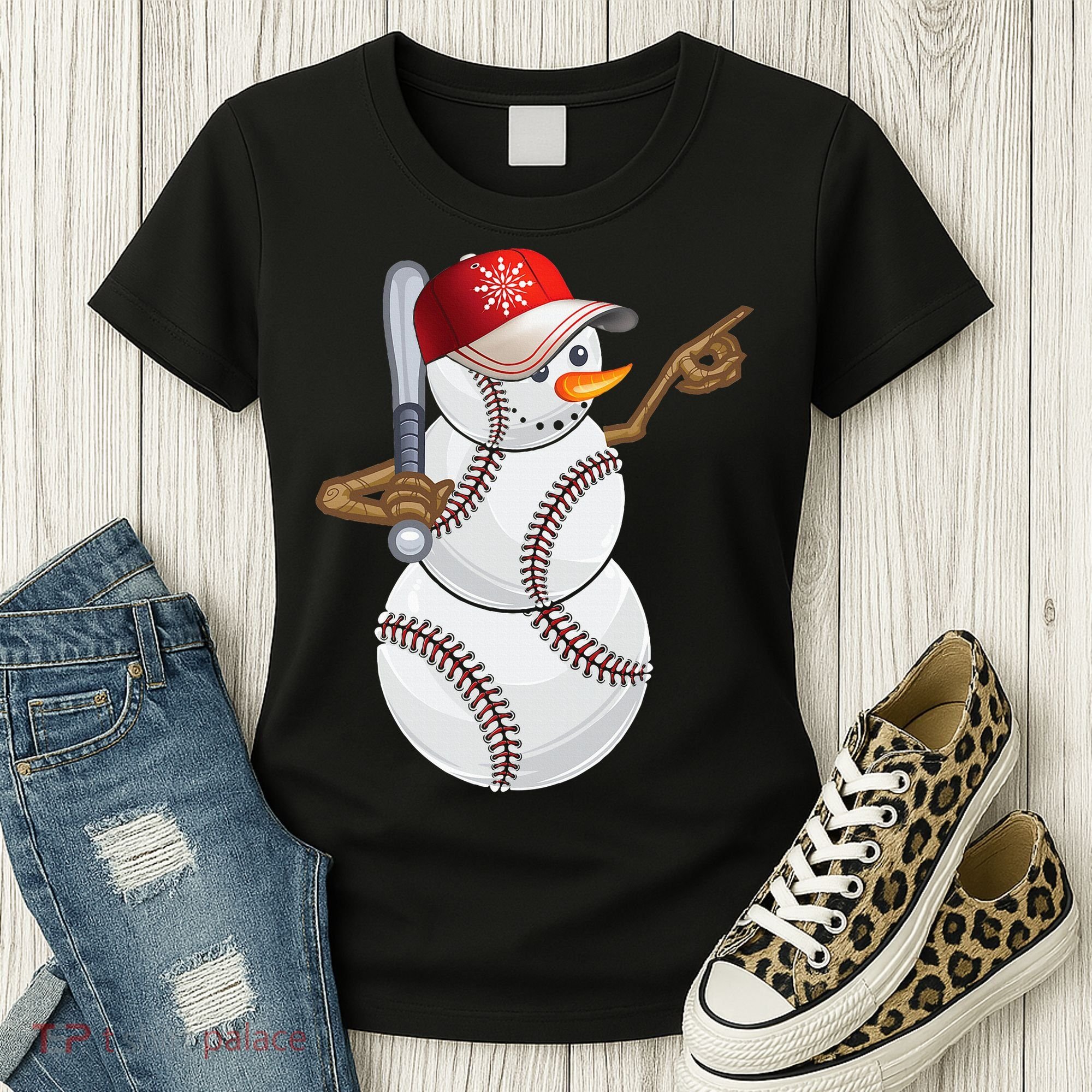 Baseball Snowman Balls Baseball Hat Snow Christmas Women's T-Shirt