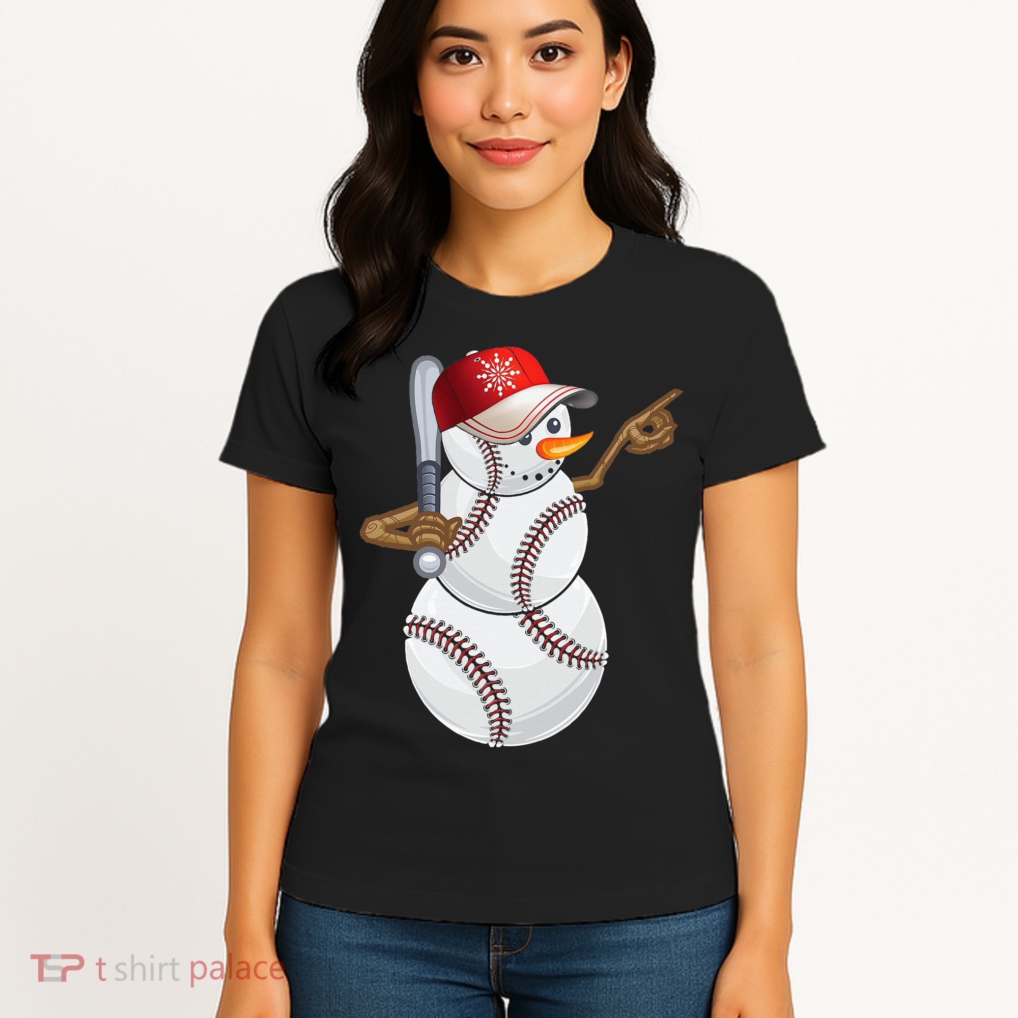 Baseball Snowman Balls Baseball Hat Snow Christmas Women's T-Shirt