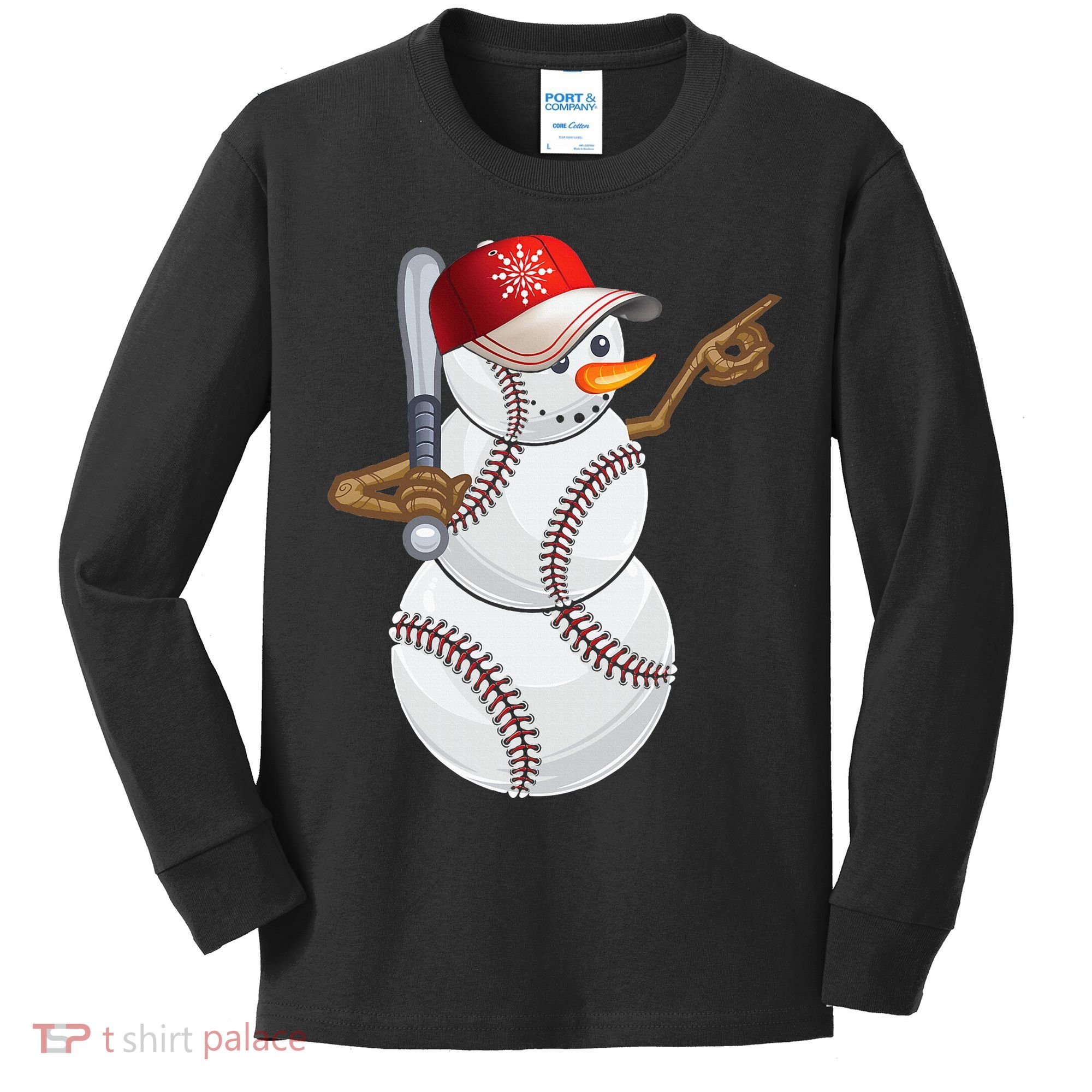 Baseball Snowman Balls Baseball Hat Snow Christmas Kids Long Sleeve Shirt