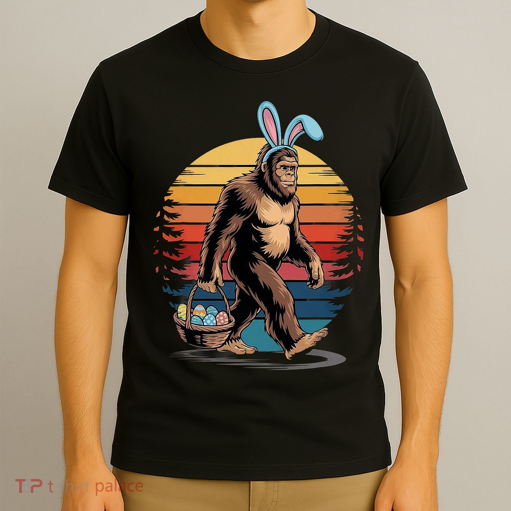 Bigfoot Sasquatch Bunny Easter Eggs Retro T-Shirt