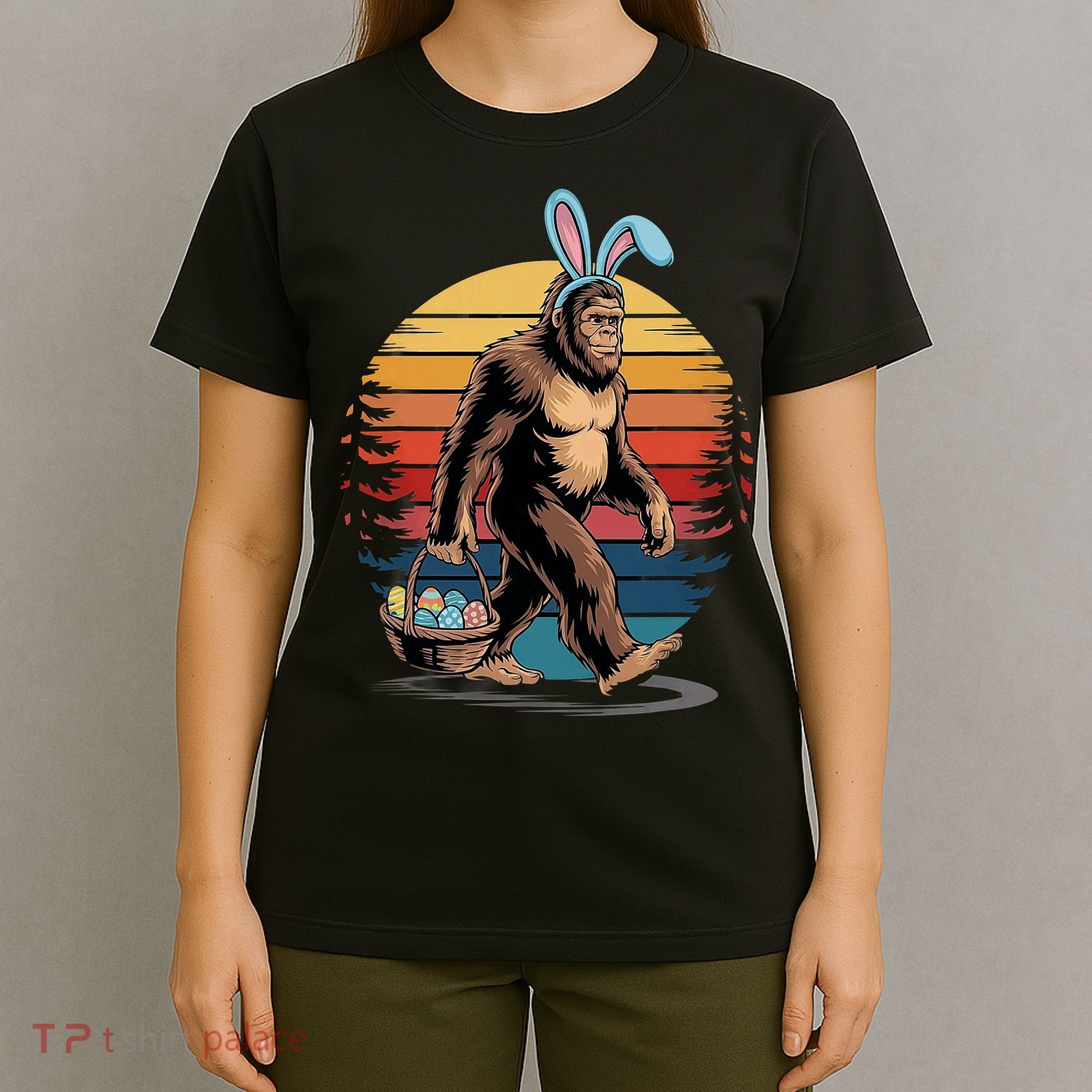 Bigfoot Sasquatch Bunny Easter Eggs Retro T-Shirt