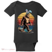 Bigfoot Sasquatch Bunny Easter Eggs Retro Baby Bodysuit thumb 0